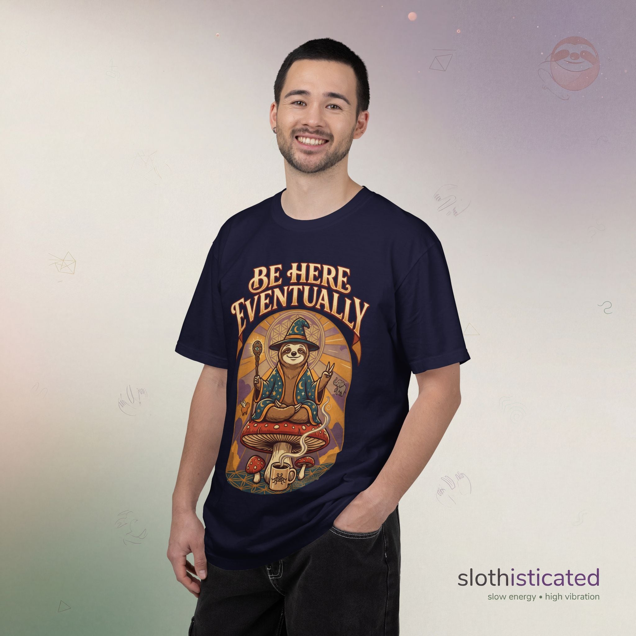 Be Here Eventually Sloth Graphic T-Shirt — Retro Meditation Tee