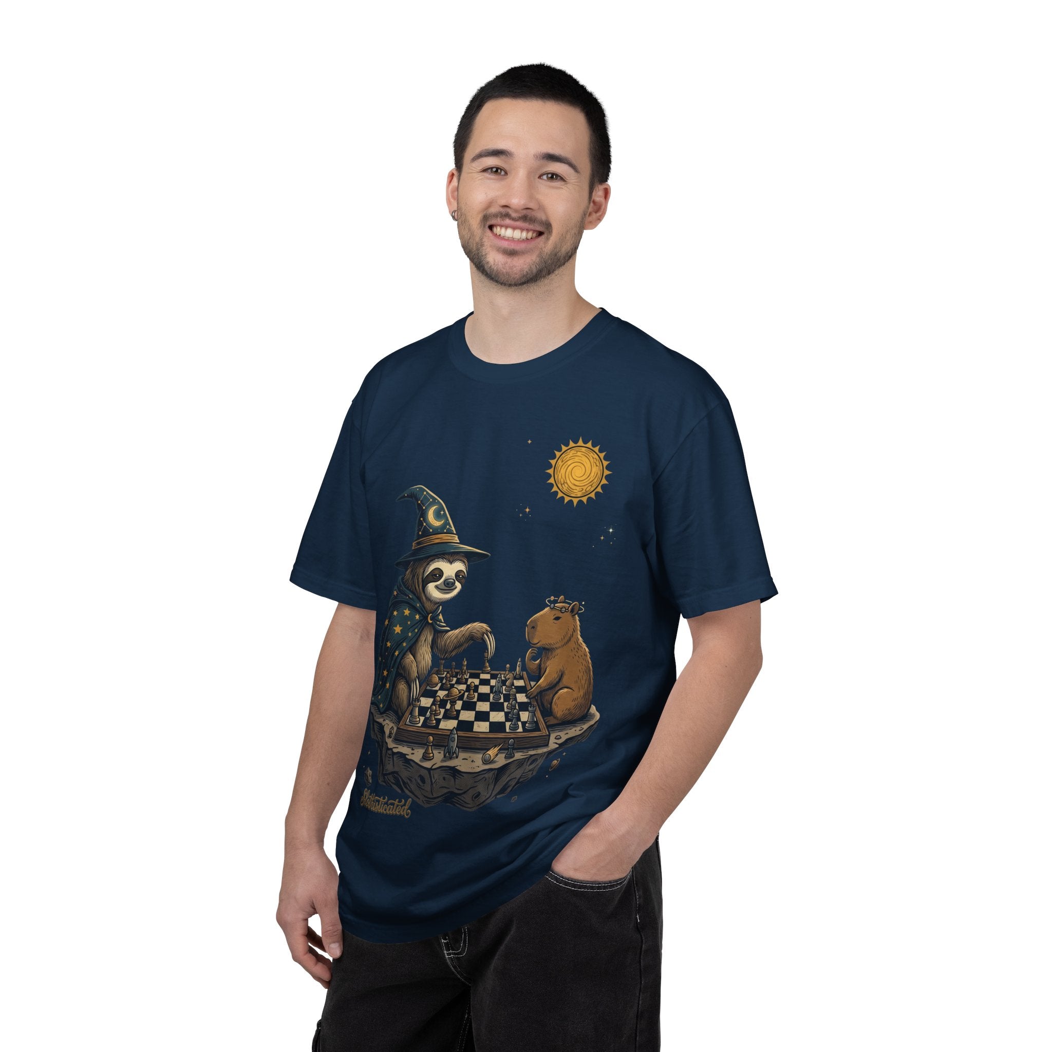 Wizard Sloth vs. Capybara Chess T-Shirt — Cute Fantasy Animal Game Tee