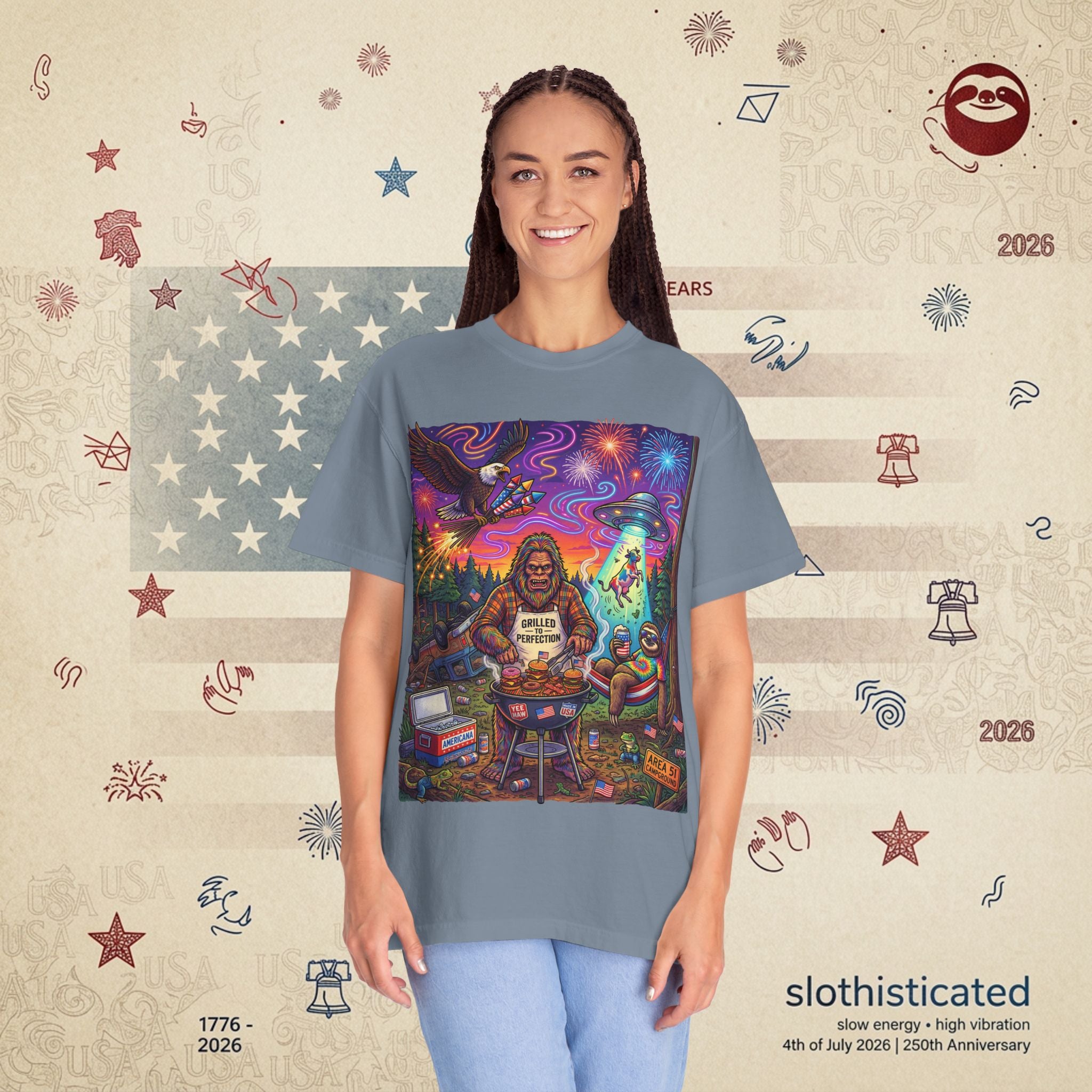 The Visitation — Psychedelic Sasquatch 4th of July BBQ UFO T-Shirt