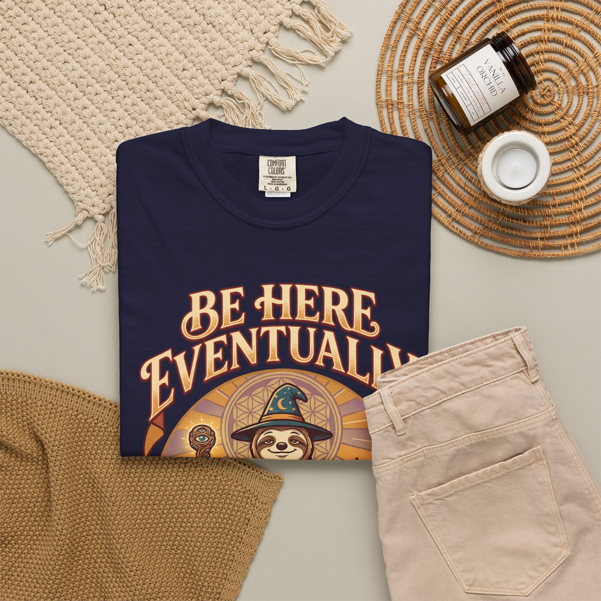 Be Here Eventually Sloth Graphic T-Shirt — Retro Meditation Tee