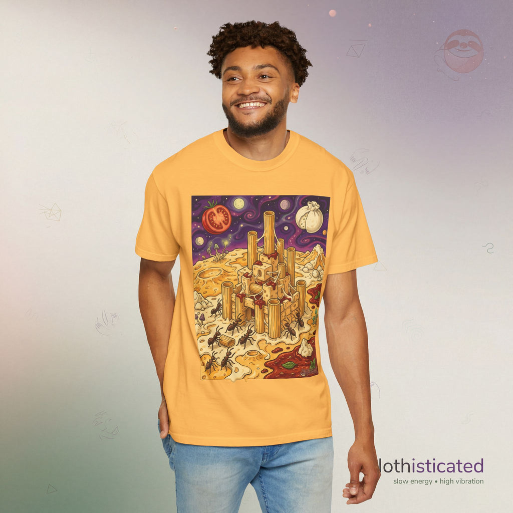 The Pasta Citadel — Funny Pasta Castle Tee · Surreal Foodie Art