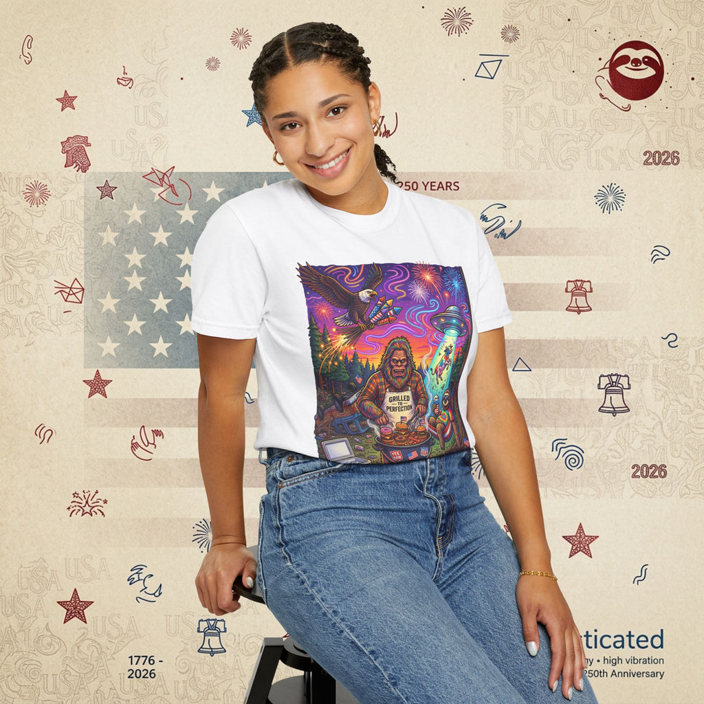 The Visitation — Psychedelic Sasquatch 4th of July BBQ UFO T-Shirt