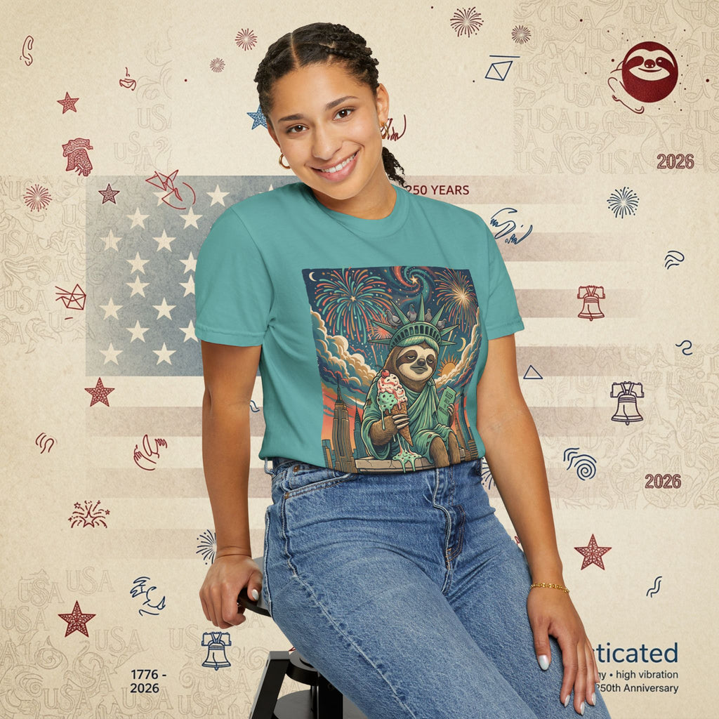 The Colossus — Liberty Sloth Statue Fireworks T-Shirt