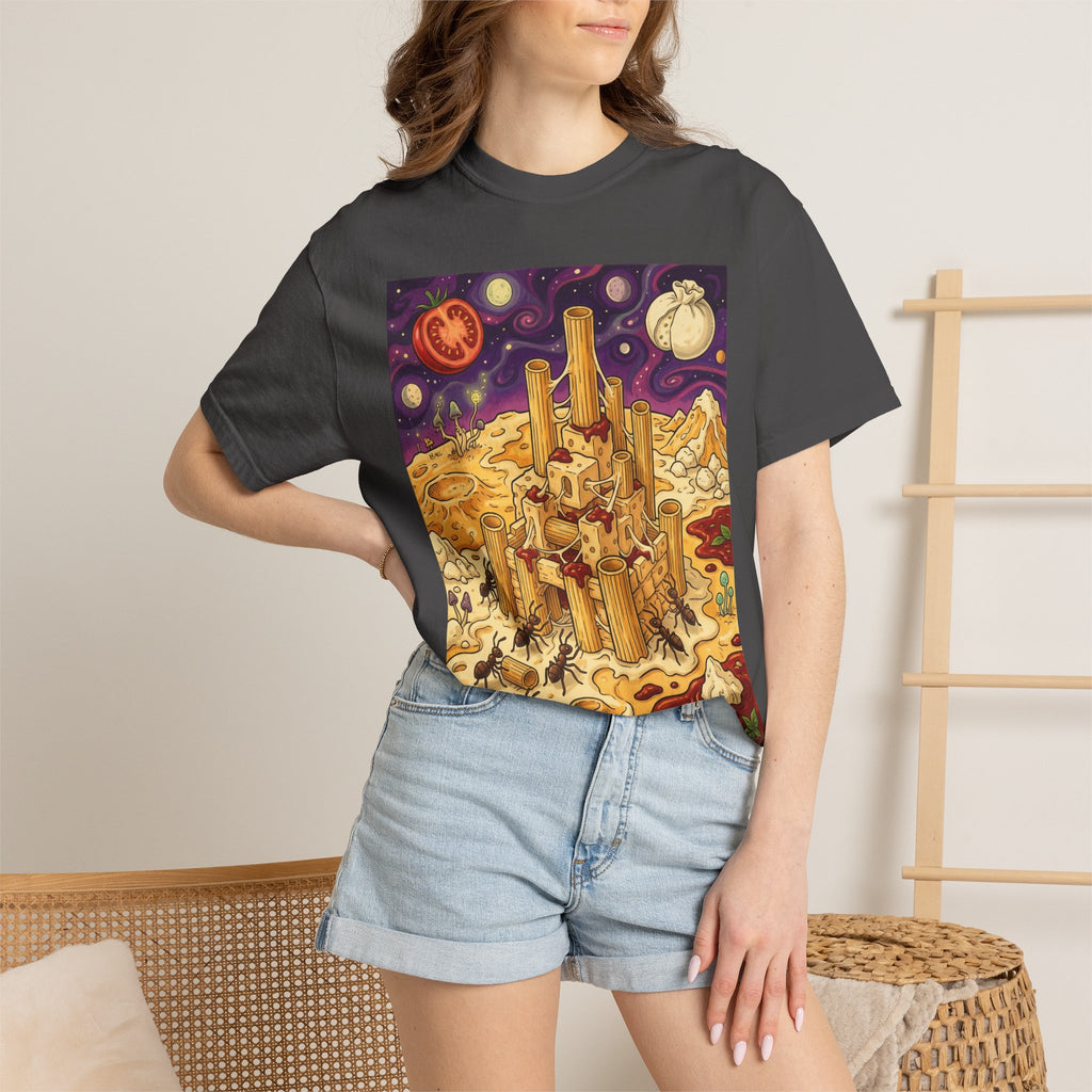 The Pasta Citadel — Funny Pasta Castle Tee · Surreal Foodie Art