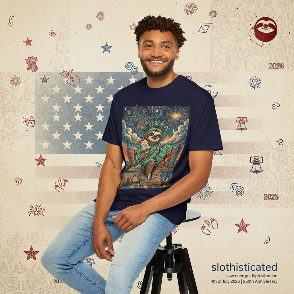 The Colossus — Liberty Sloth Statue Fireworks T-Shirt