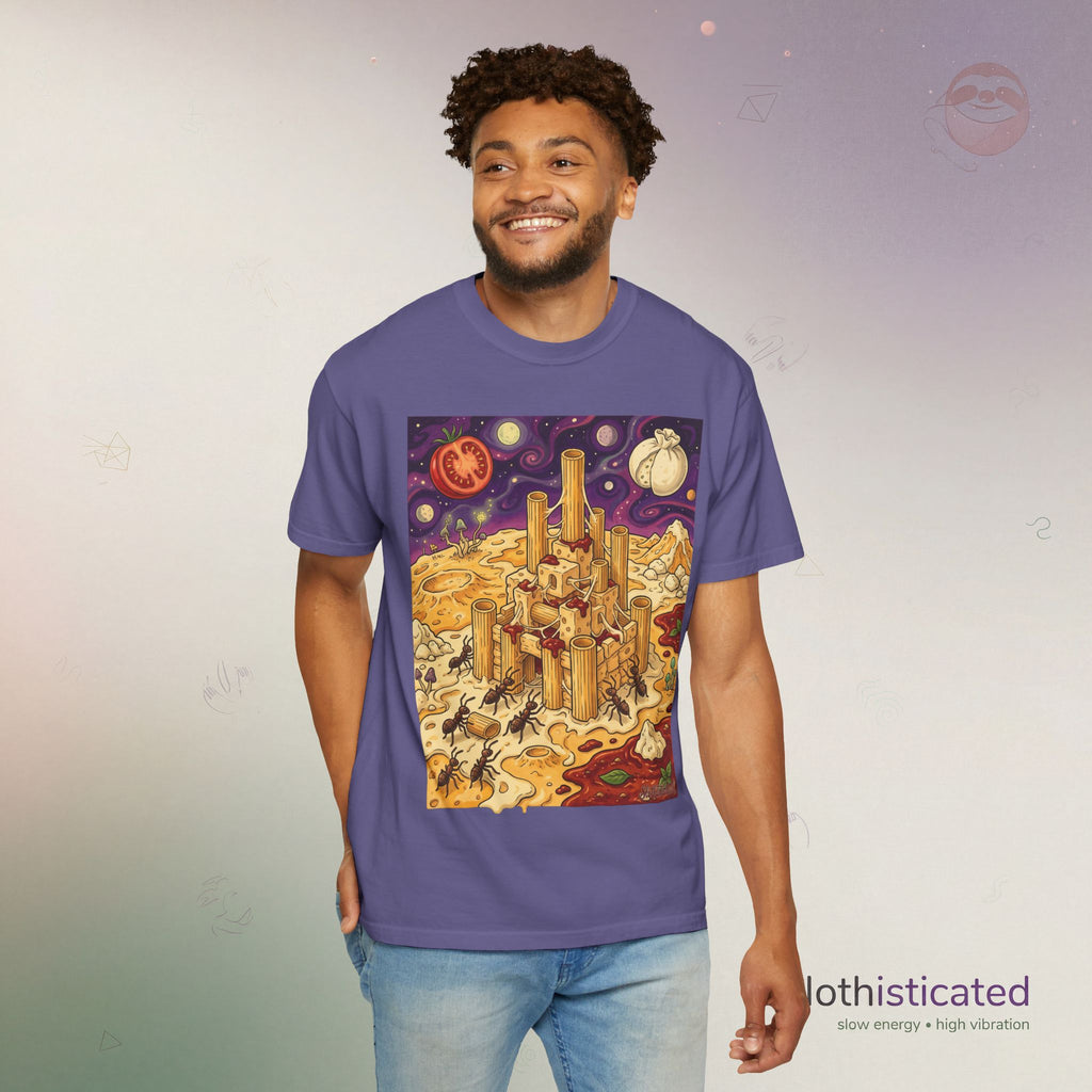 The Pasta Citadel — Funny Pasta Castle Tee · Surreal Foodie Art