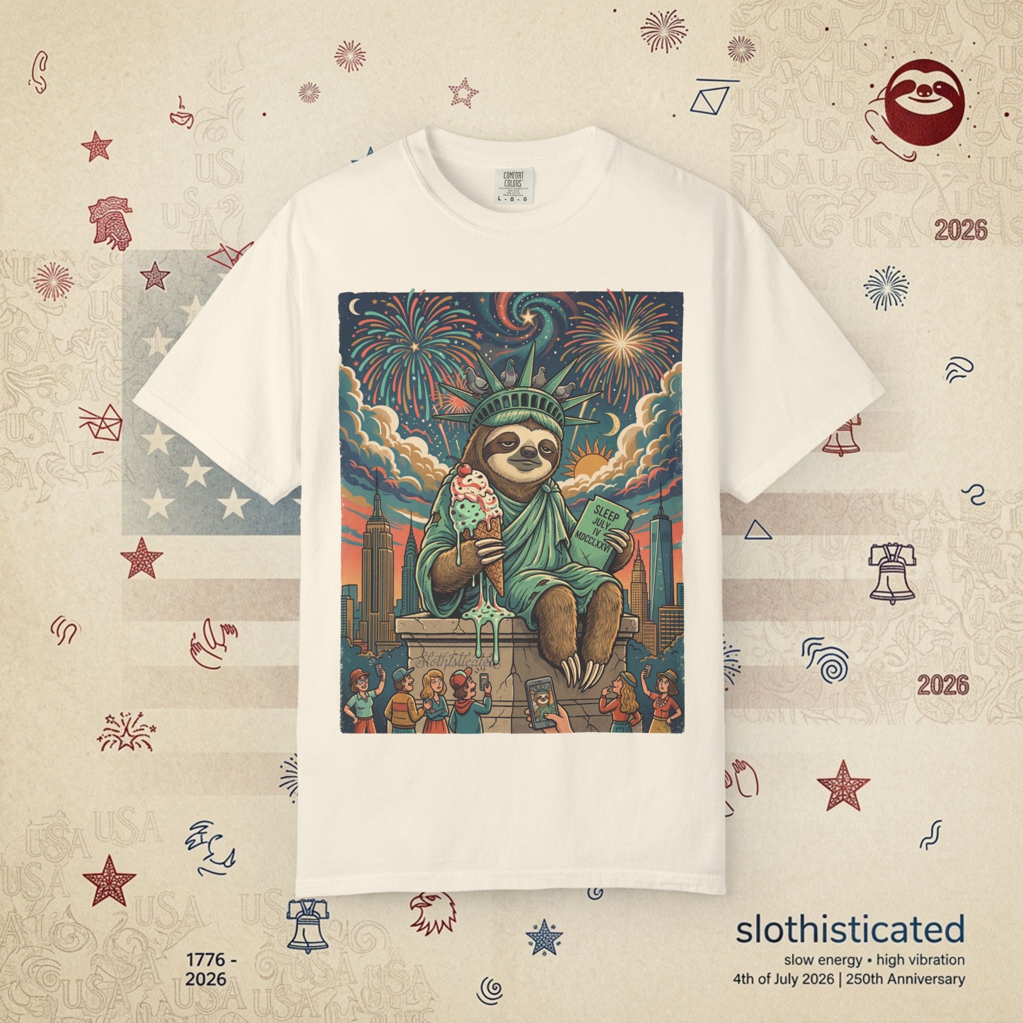 The Colossus — Liberty Sloth Statue Fireworks T-Shirt