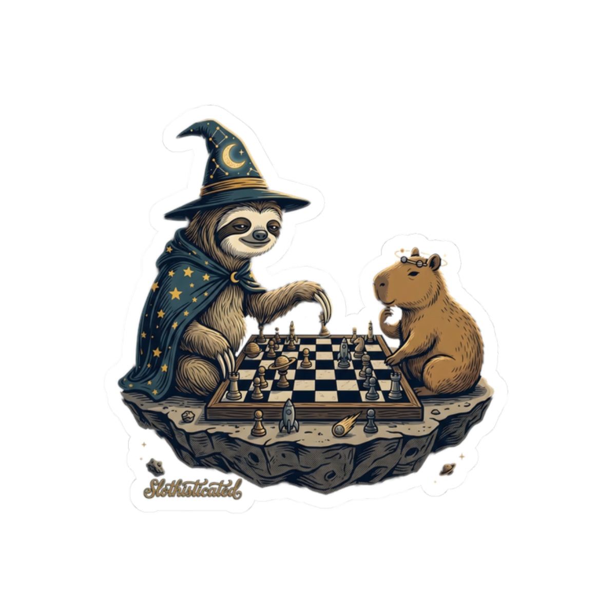 The Long Game — Wizard Sloth and Capybara Chess Kiss-Cut Sticker