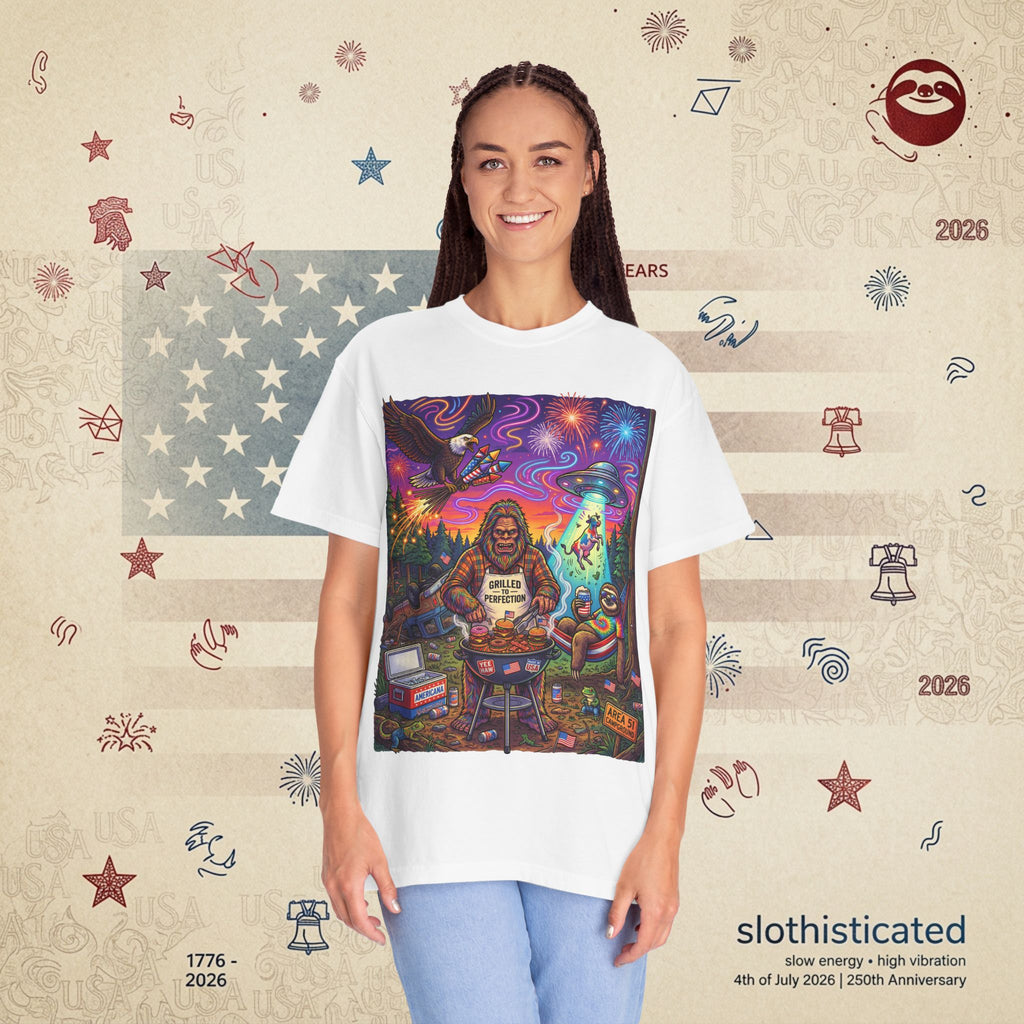 The Visitation — Psychedelic Sasquatch 4th of July BBQ UFO T-Shirt