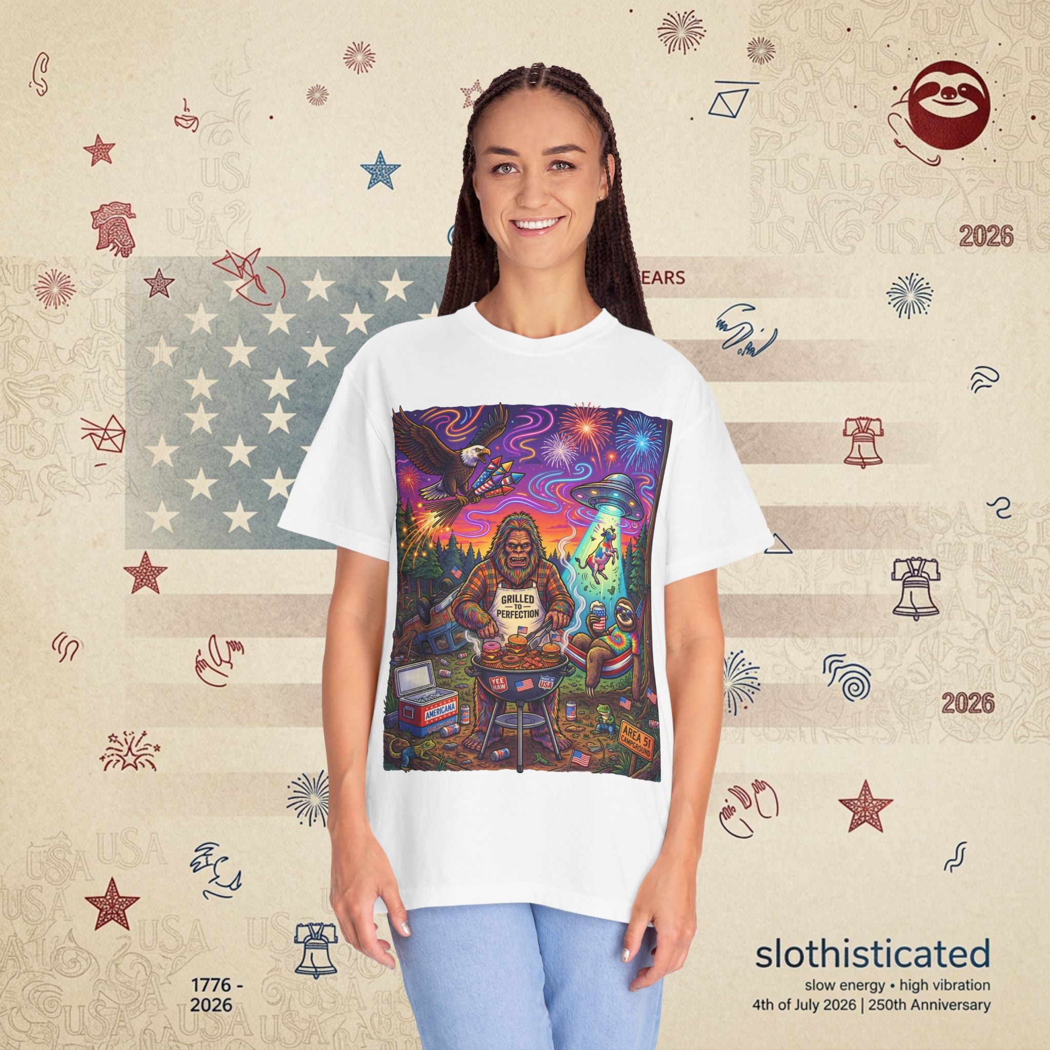 The Visitation — Psychedelic Sasquatch 4th of July BBQ UFO T-Shirt