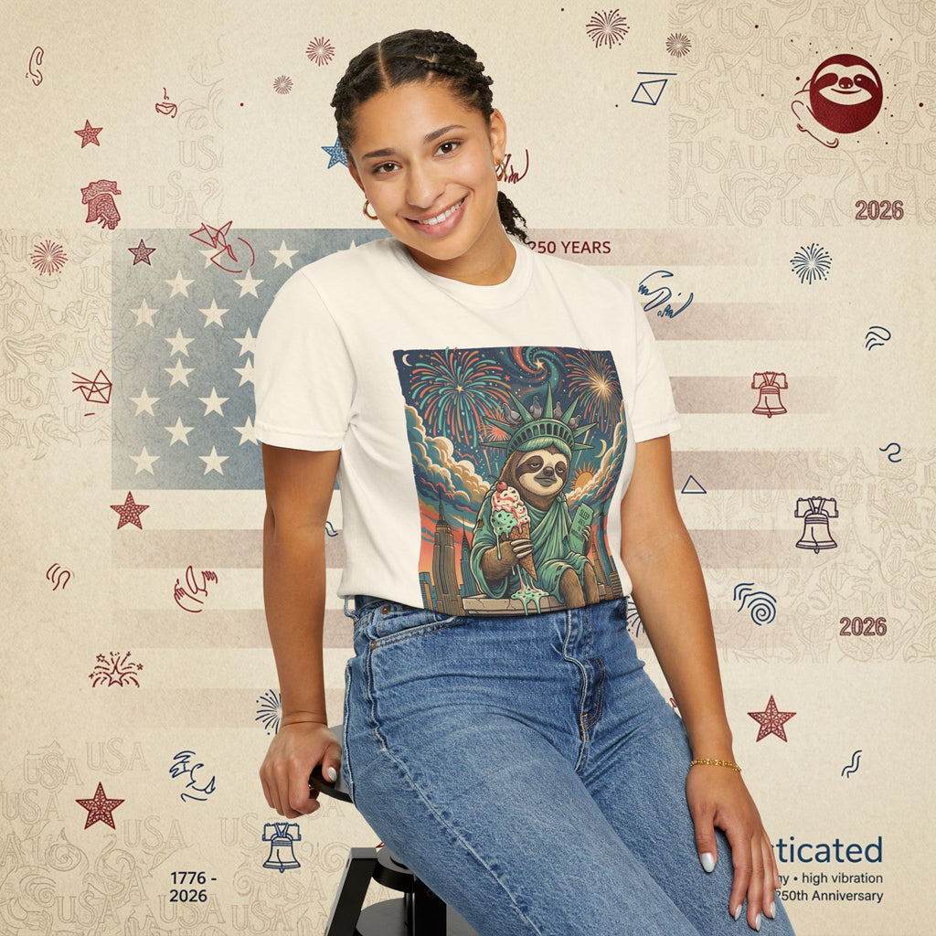 The Colossus — Liberty Sloth Statue Fireworks T-Shirt
