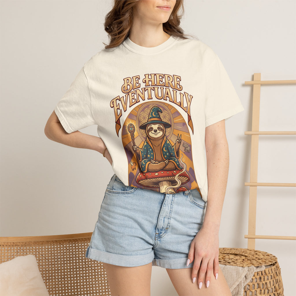 Be Here Eventually Sloth Graphic T-Shirt — Retro Meditation Tee