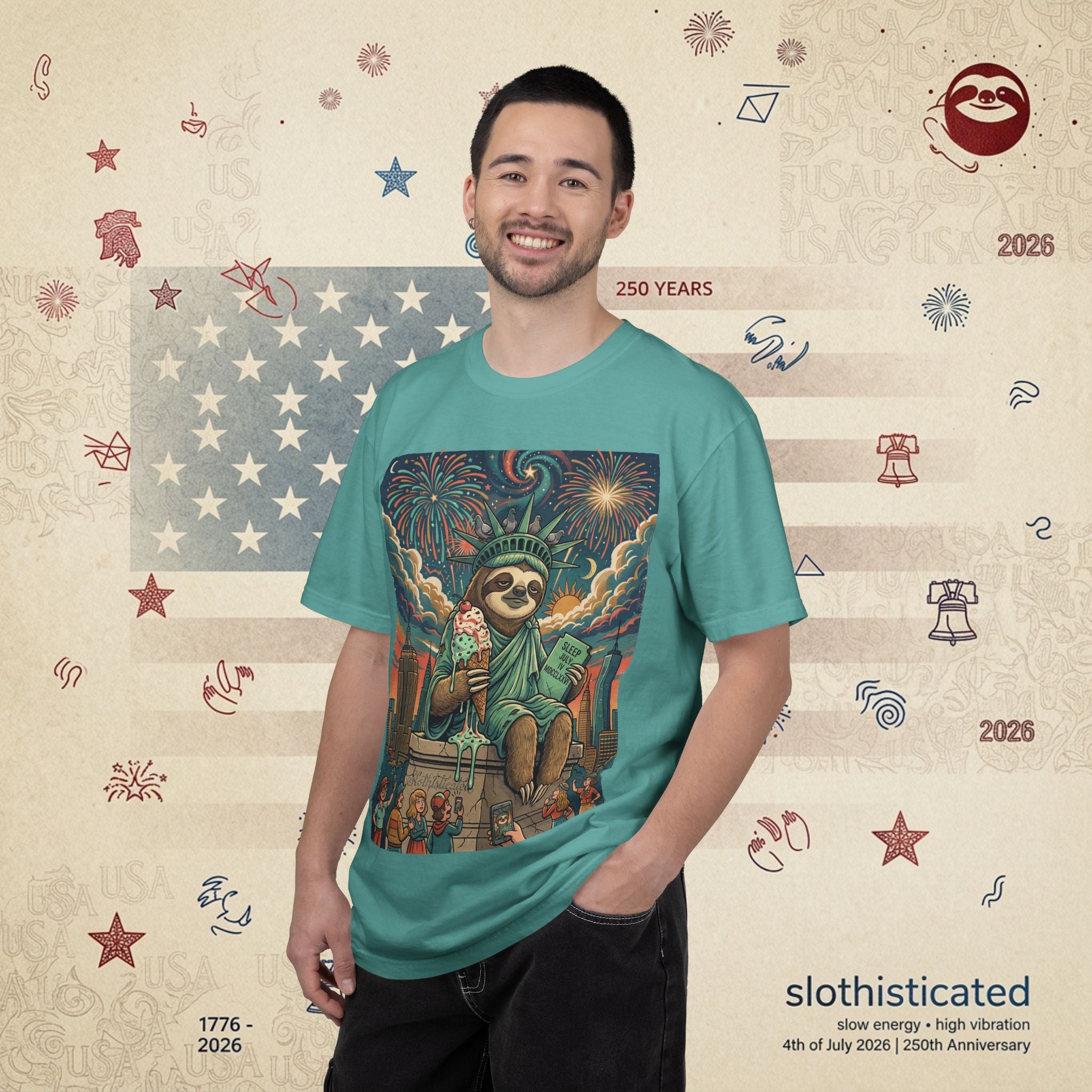 The Colossus — Liberty Sloth Statue Fireworks T-Shirt
