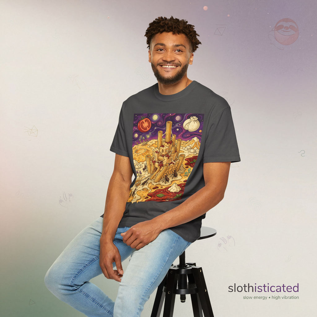 The Pasta Citadel — Funny Pasta Castle Tee · Surreal Foodie Art
