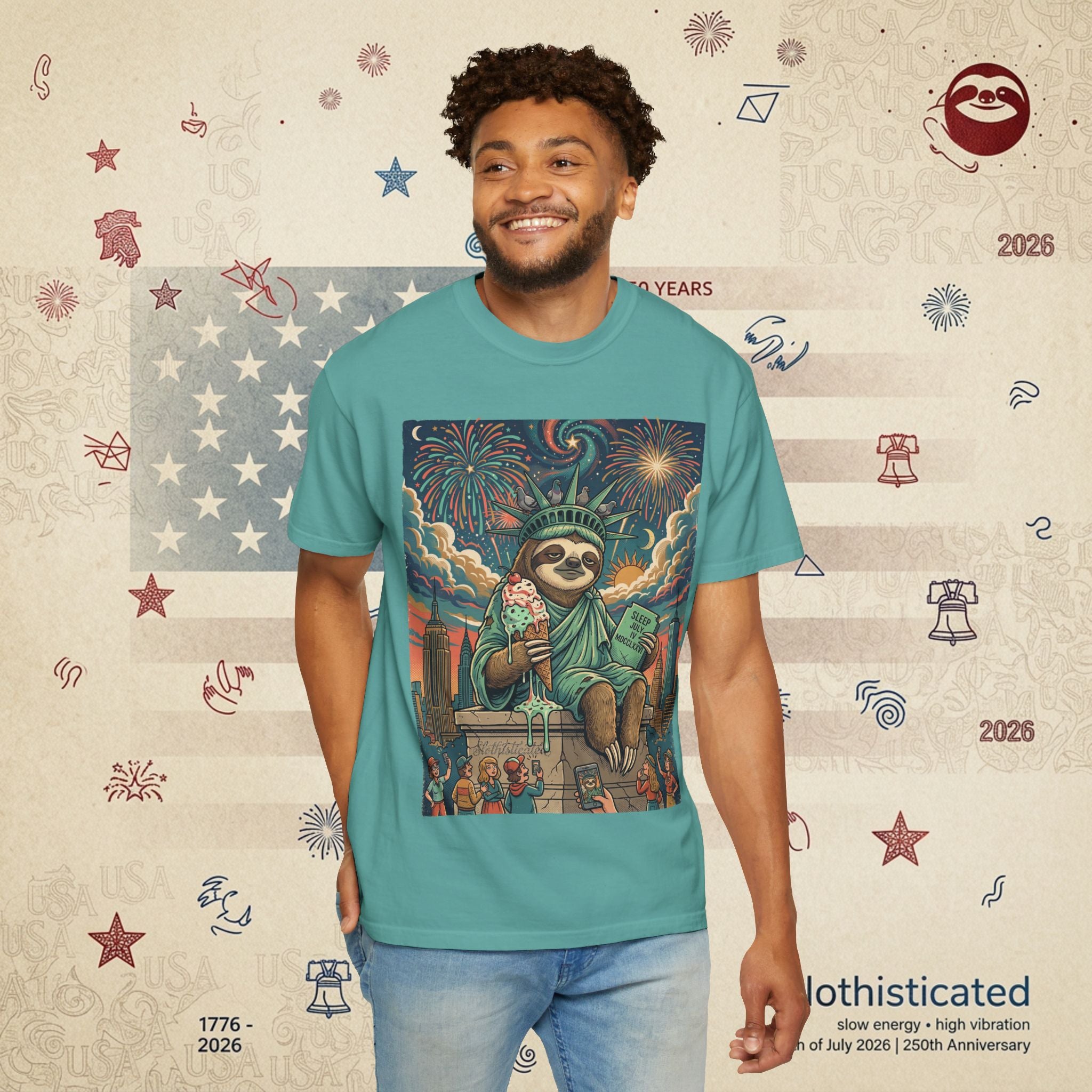 The Colossus — Liberty Sloth Statue Fireworks T-Shirt