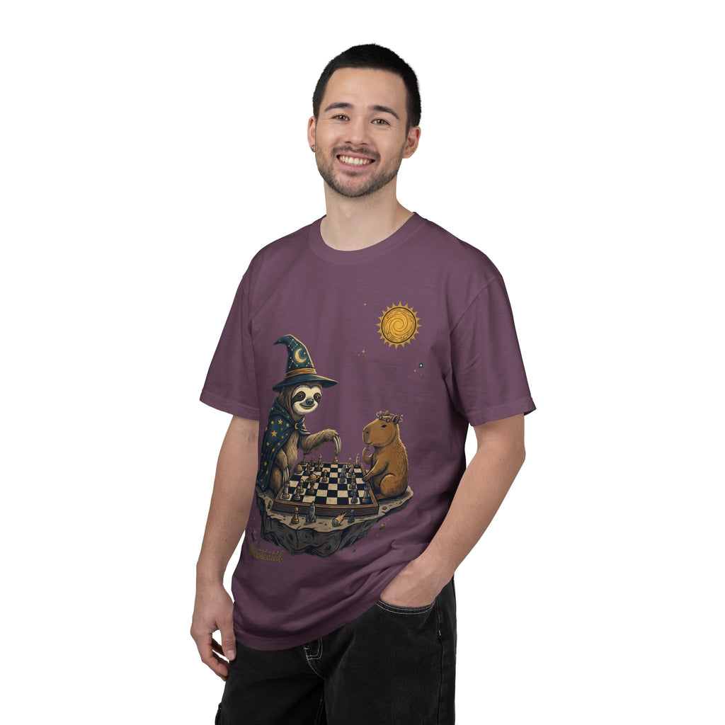 Wizard Sloth vs. Capybara Chess T-Shirt — Cute Fantasy Animal Game Tee
