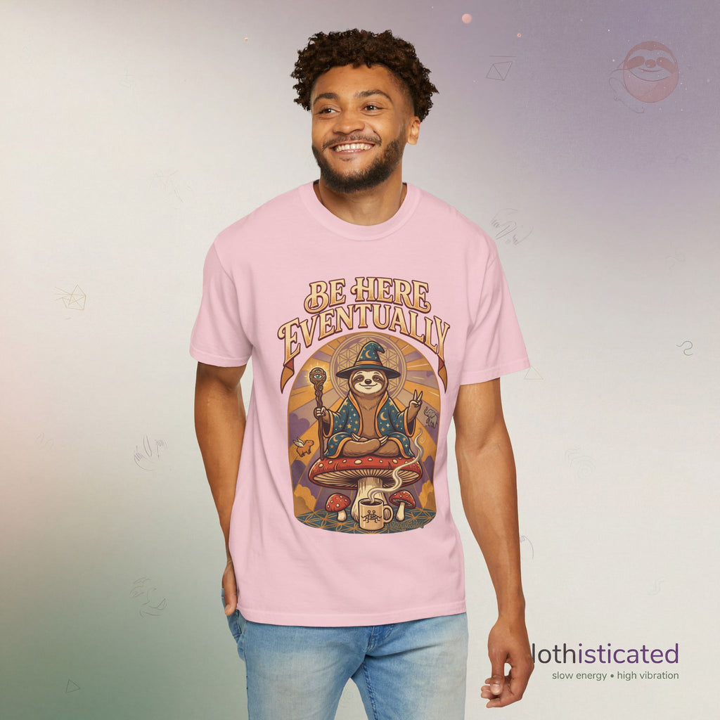 Be Here Eventually Sloth Graphic T-Shirt — Retro Meditation Tee