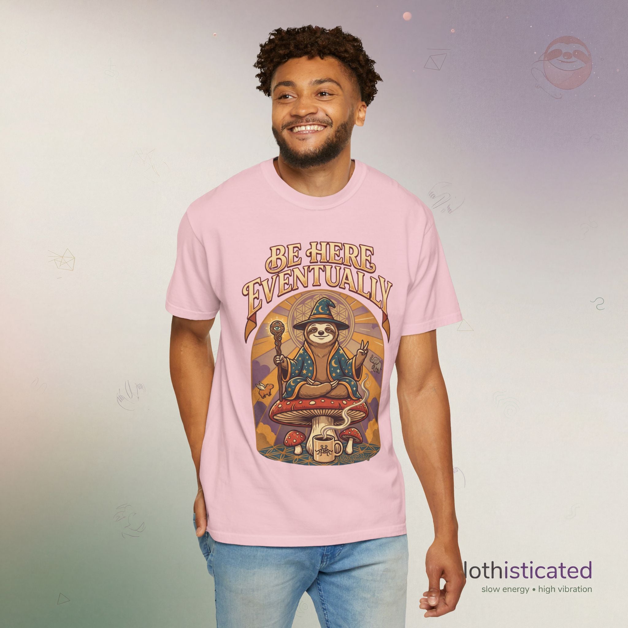 Be Here Eventually Sloth Graphic T-Shirt — Retro Meditation Tee