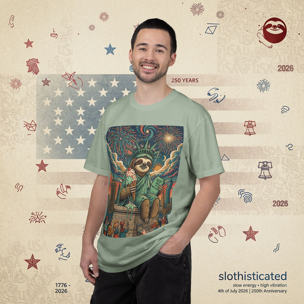 The Colossus — Liberty Sloth Statue Fireworks T-Shirt