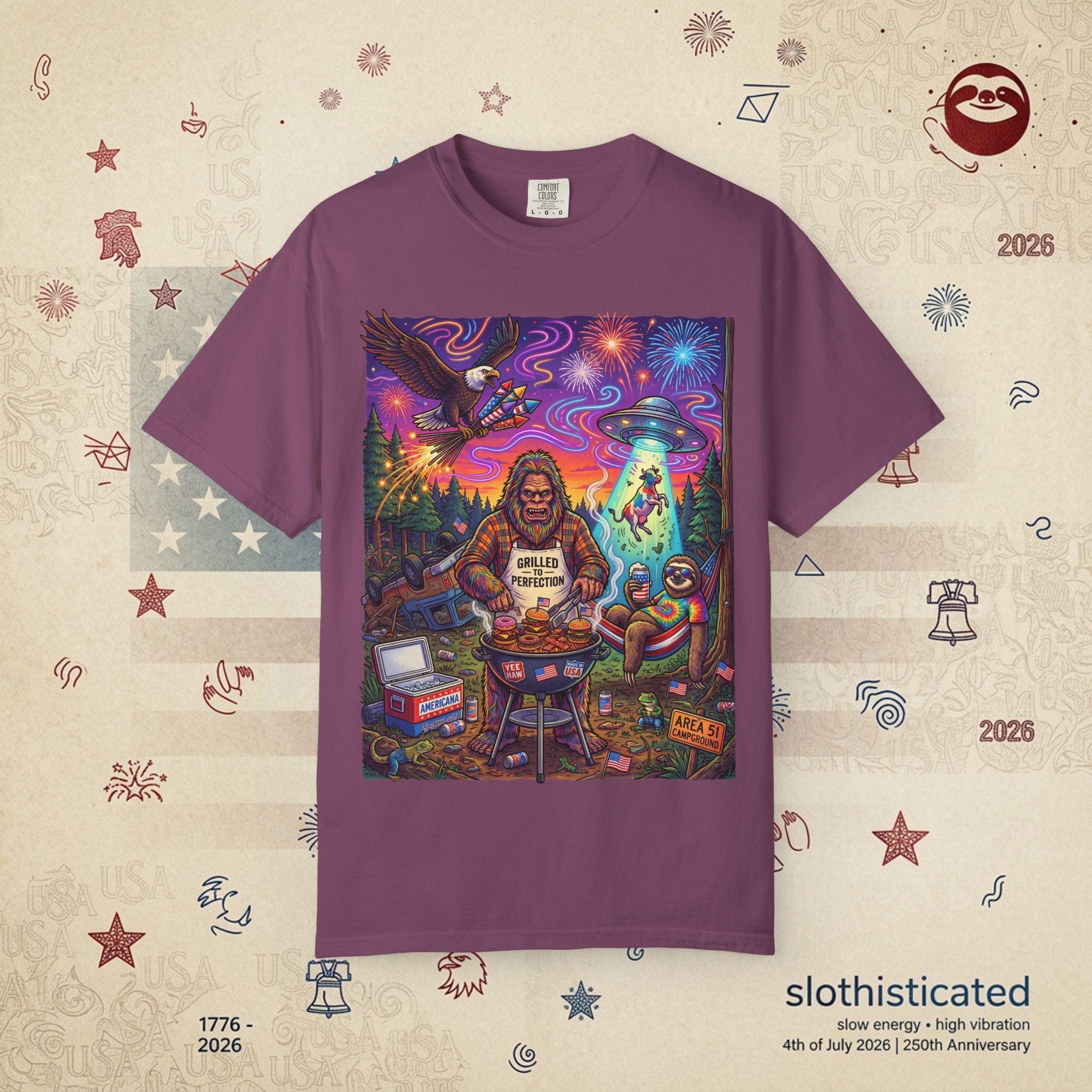 The Visitation — Psychedelic Sasquatch 4th of July BBQ UFO T-Shirt