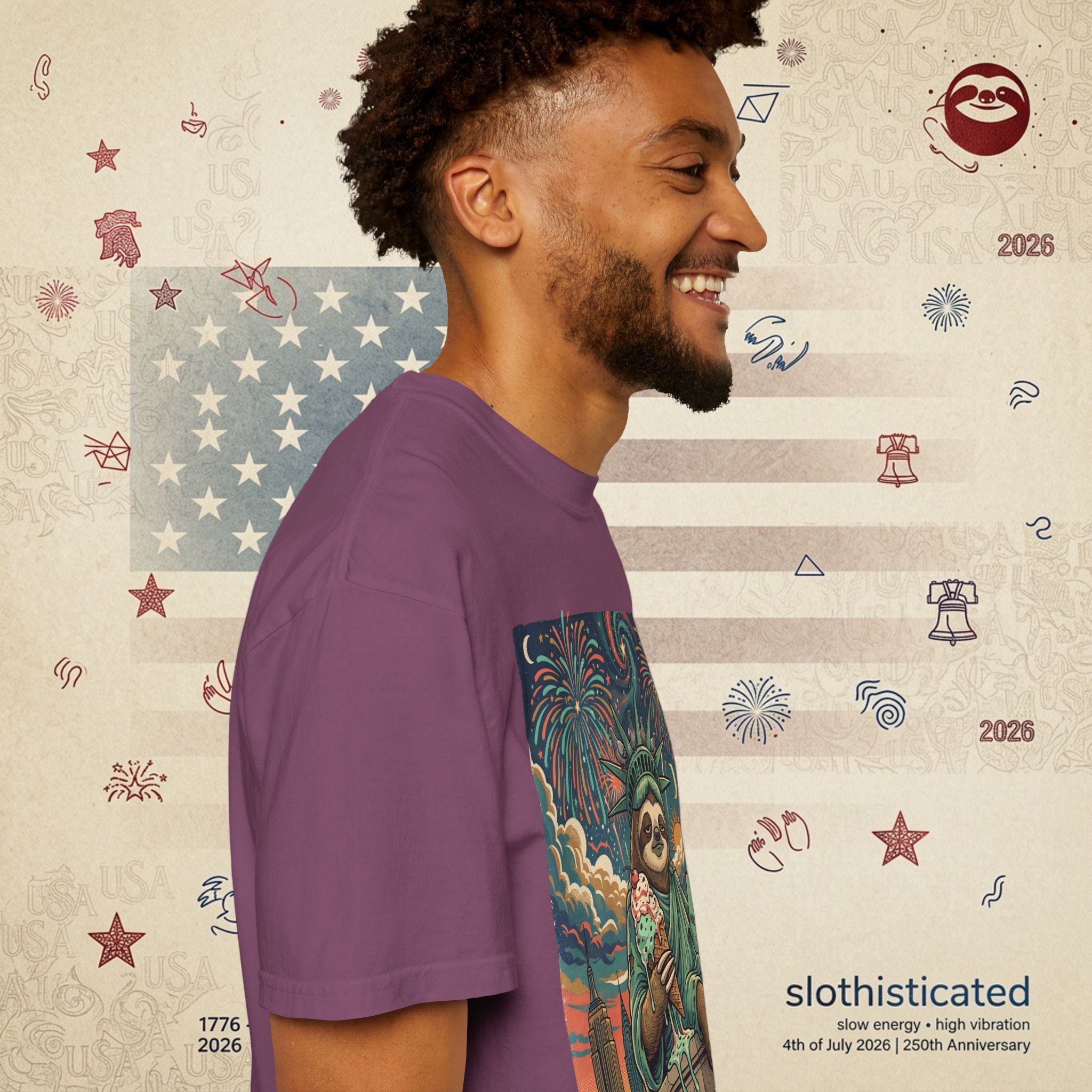 The Colossus — Liberty Sloth Statue Fireworks T-Shirt