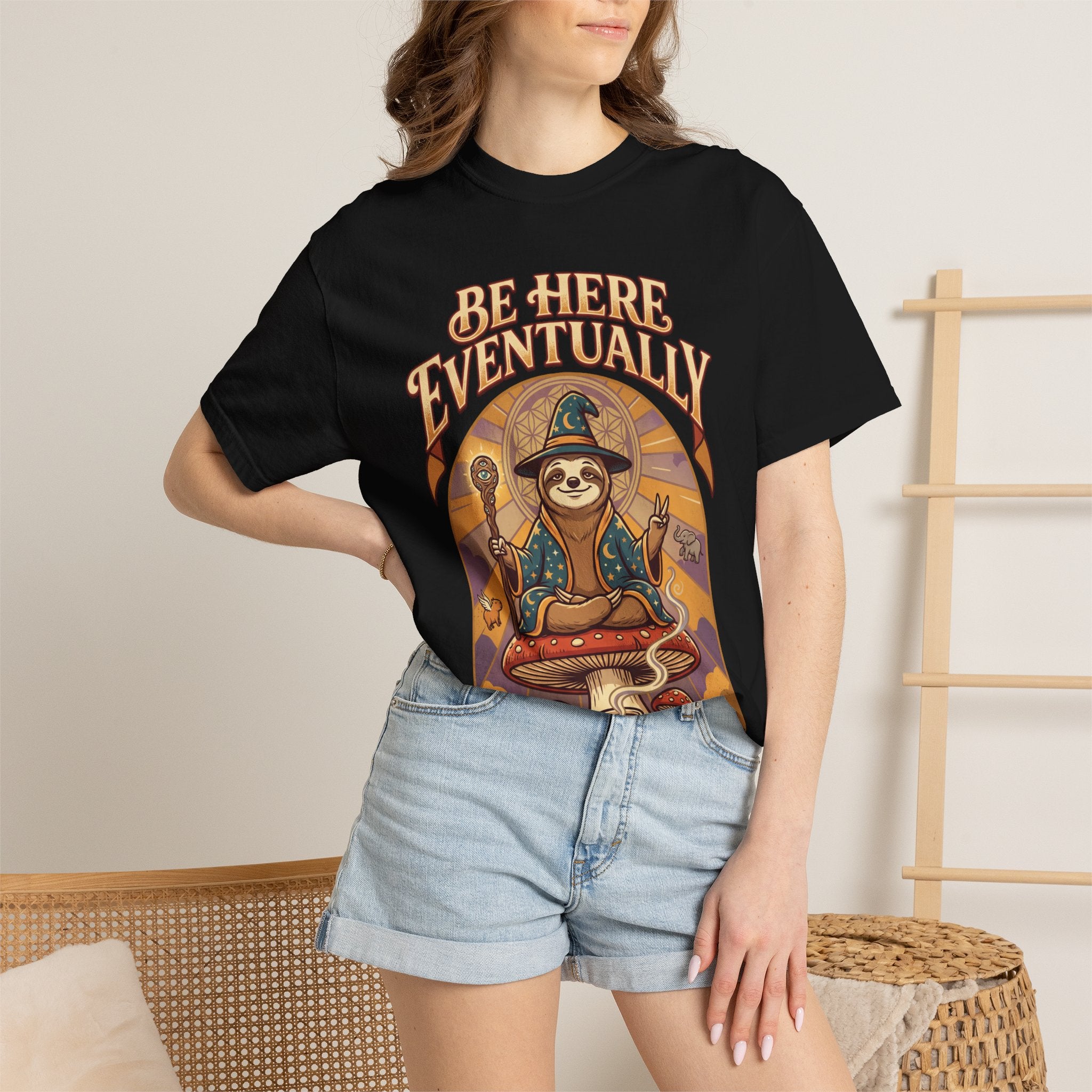 Be Here Eventually Sloth Graphic T-Shirt — Retro Meditation Tee