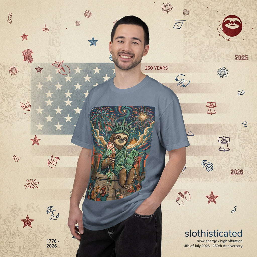 The Colossus — Liberty Sloth Statue Fireworks T-Shirt