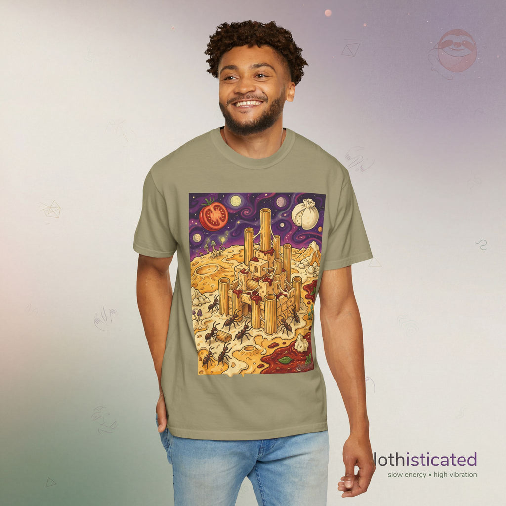 The Pasta Citadel — Funny Pasta Castle Tee · Surreal Foodie Art