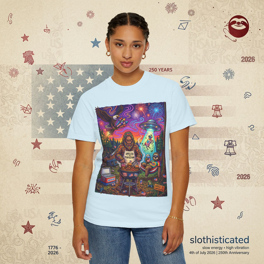 The Visitation — Psychedelic Sasquatch 4th of July BBQ UFO T-Shirt