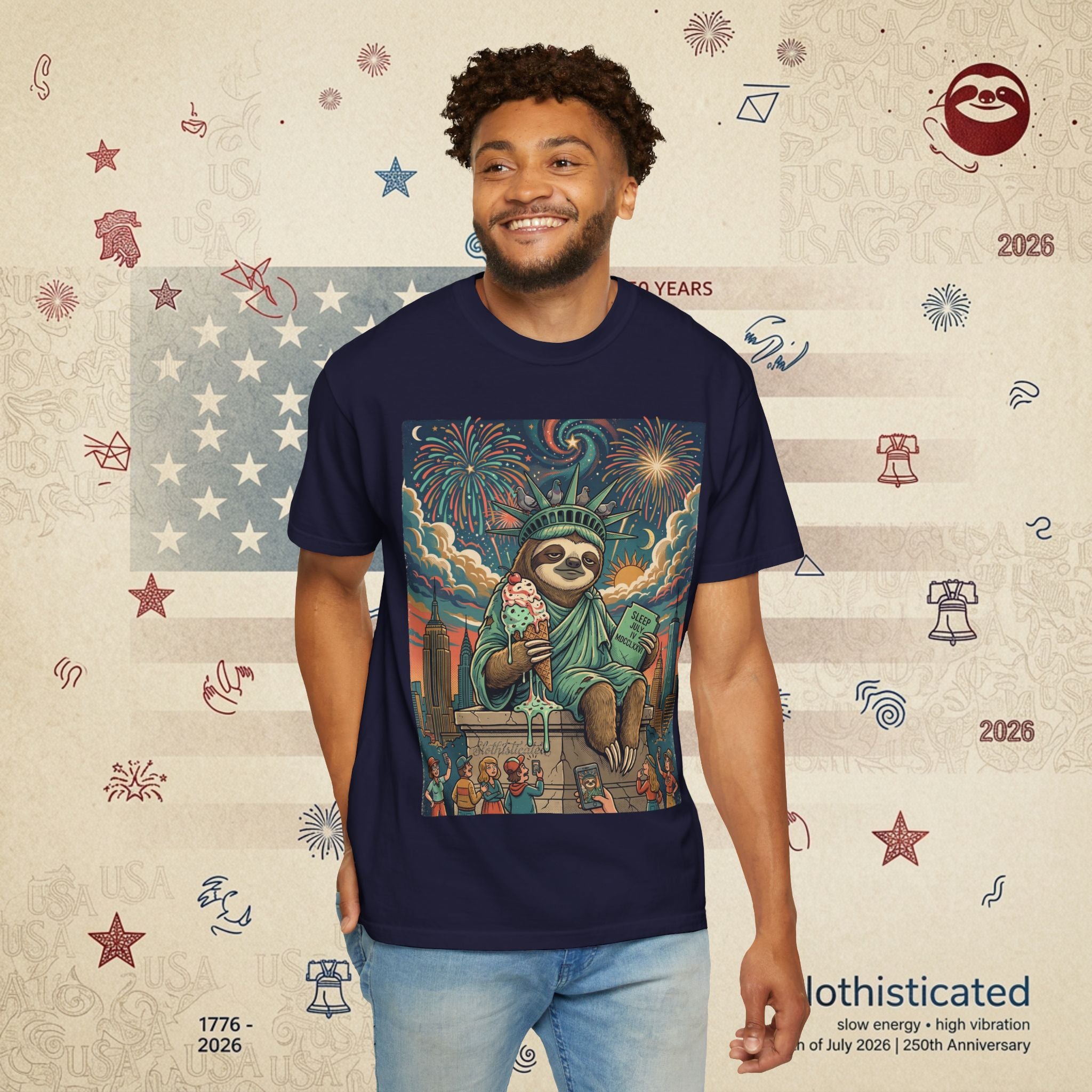 The Colossus — Liberty Sloth Statue Fireworks T-Shirt