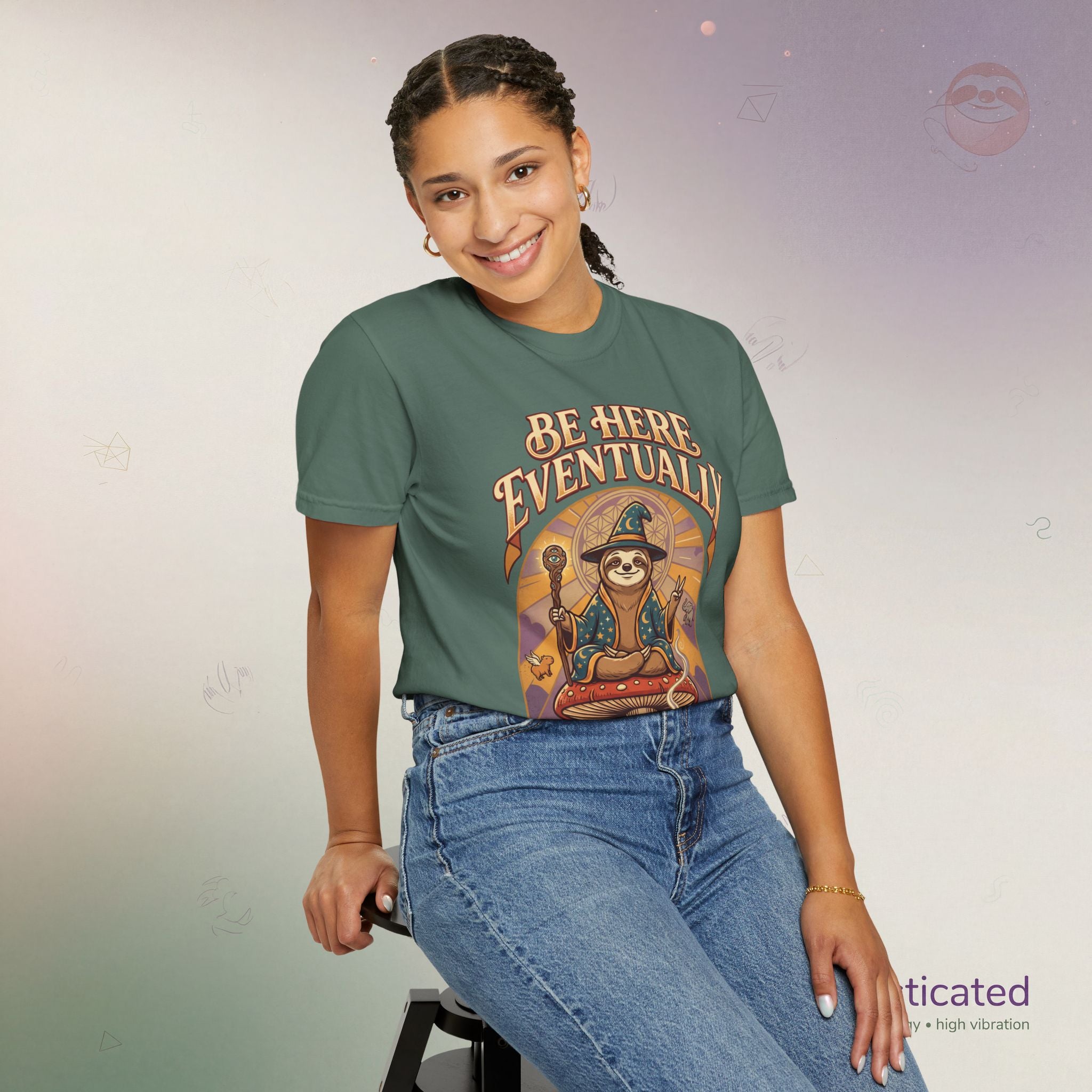 Be Here Eventually Sloth Graphic T-Shirt — Retro Meditation Tee