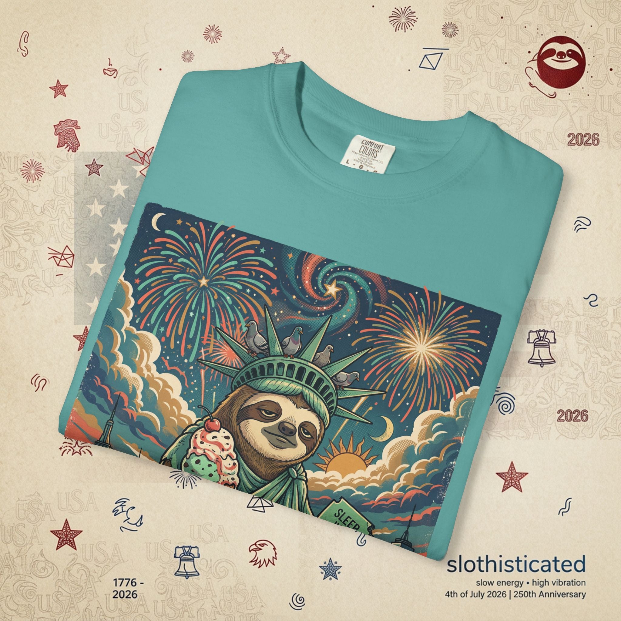The Colossus — Liberty Sloth Statue Fireworks T-Shirt