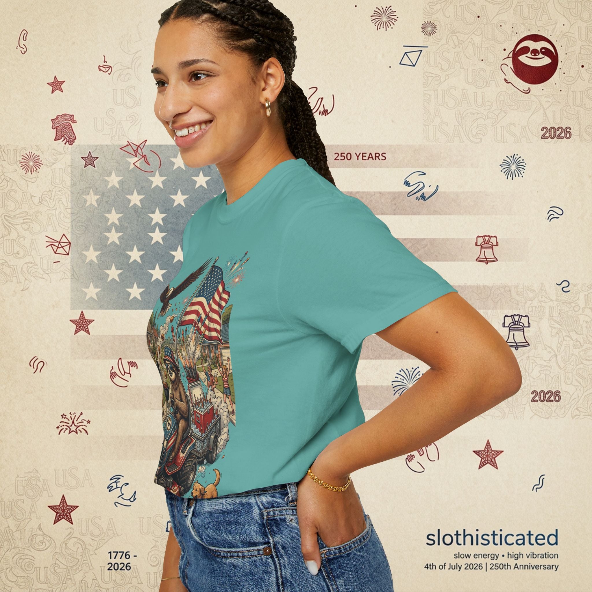 The Slow Ride — Sloth Riding Mower Americana T-Shirt