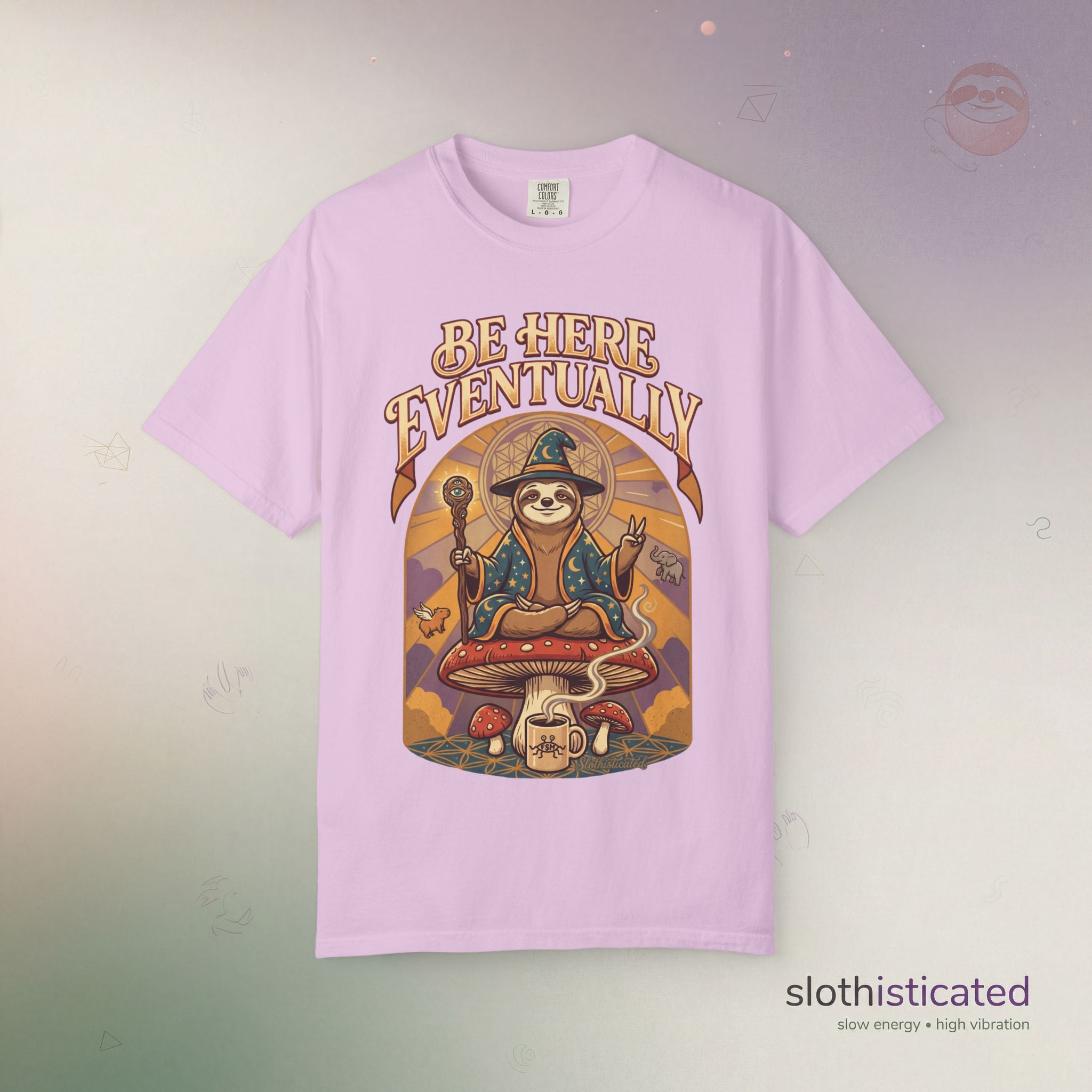 Be Here Eventually Sloth Graphic T-Shirt — Retro Meditation Tee