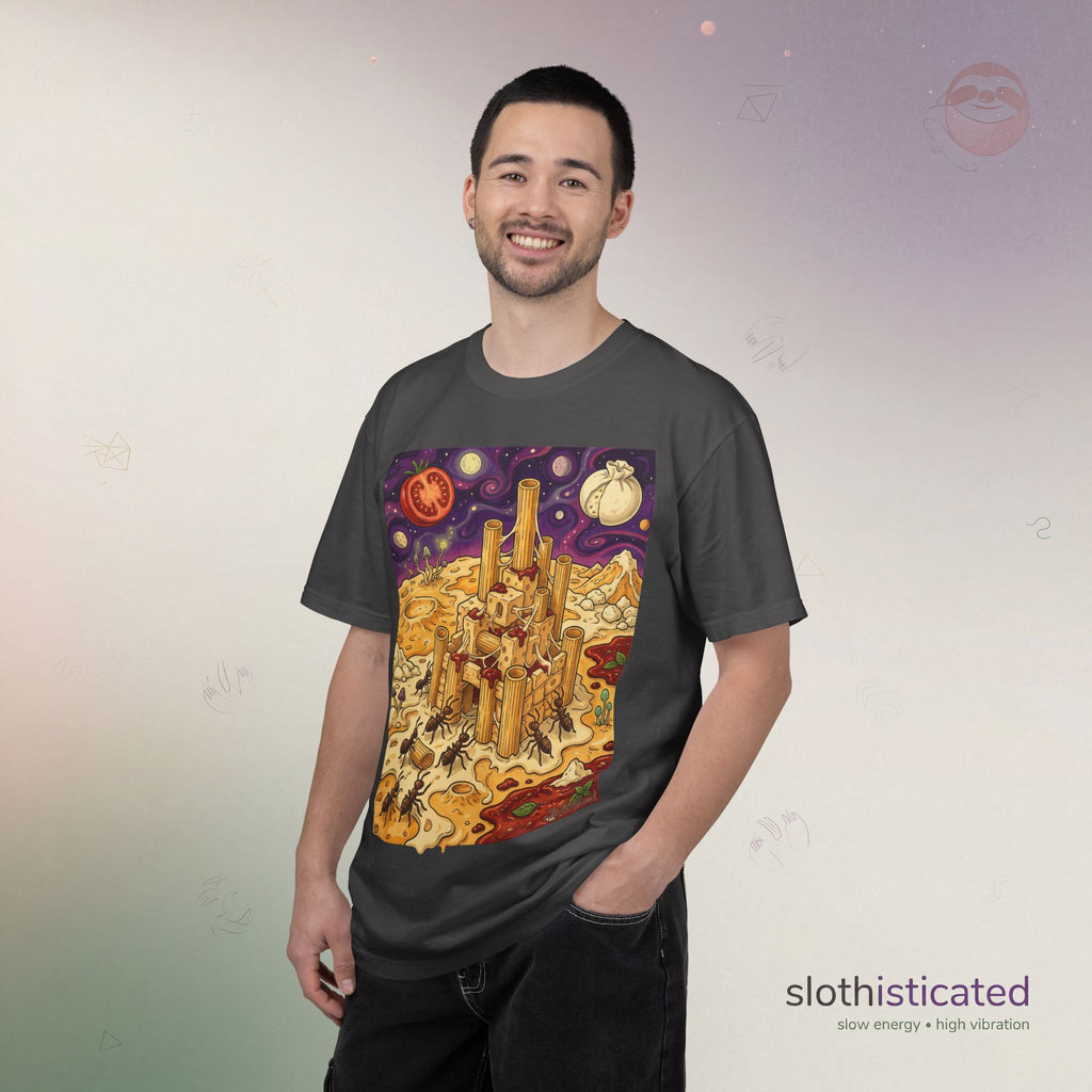 The Pasta Citadel — Funny Pasta Castle Tee · Surreal Foodie Art