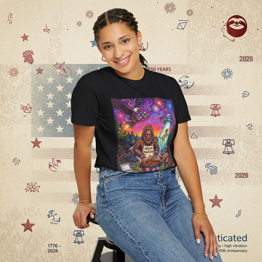 The Visitation — Psychedelic Sasquatch 4th of July BBQ UFO T-Shirt