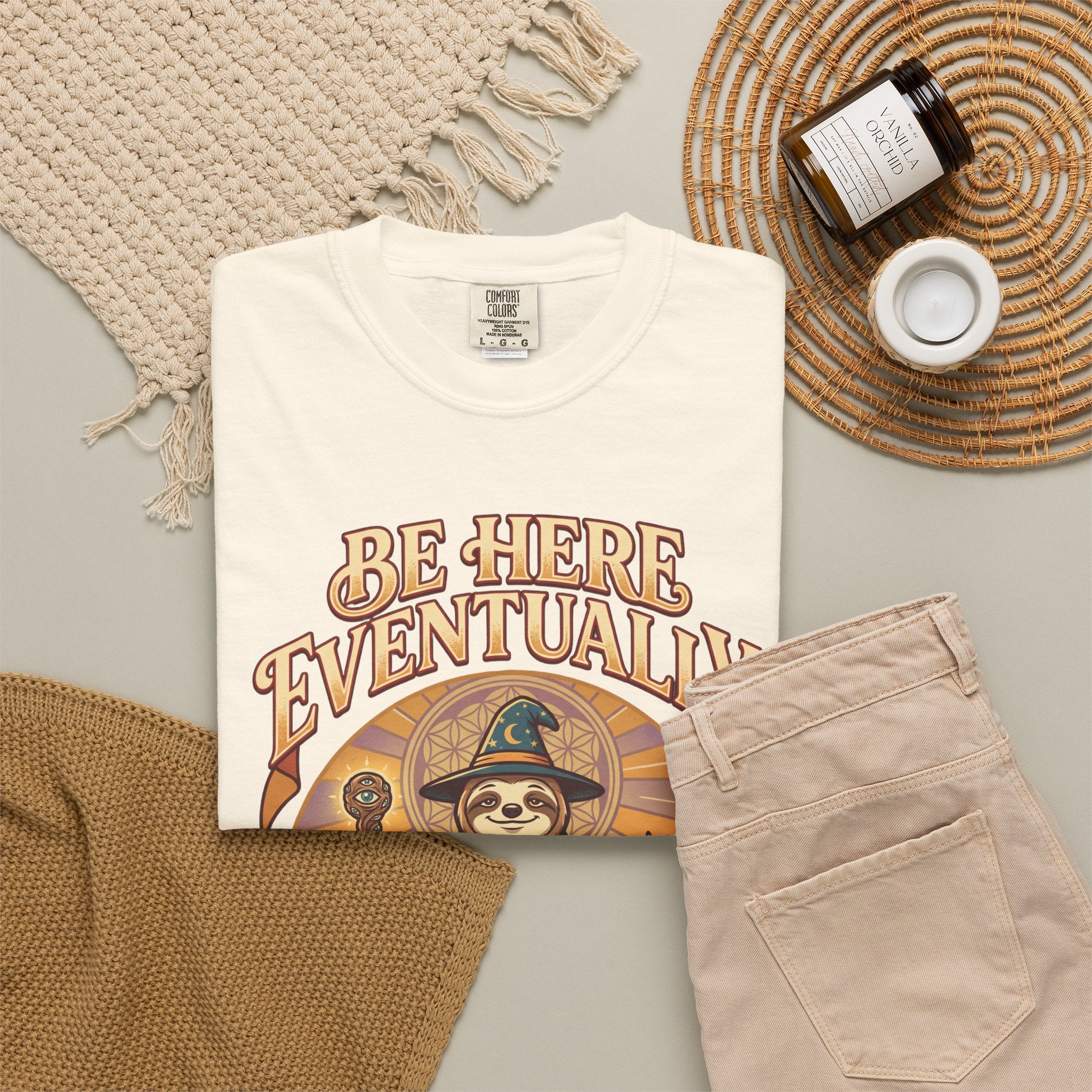 Be Here Eventually Sloth Graphic T-Shirt — Retro Meditation Tee