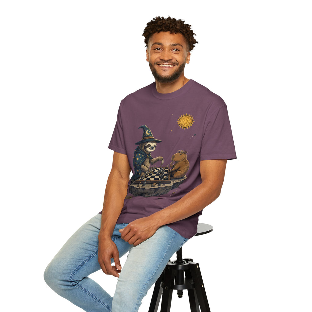 Wizard Sloth vs. Capybara Chess T-Shirt — Cute Fantasy Animal Game Tee