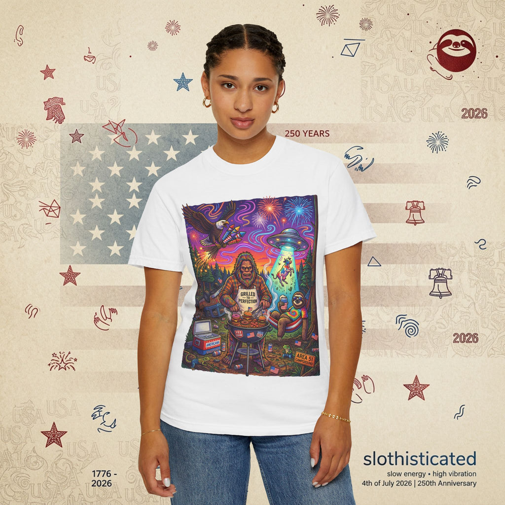 The Visitation — Psychedelic Sasquatch 4th of July BBQ UFO T-Shirt