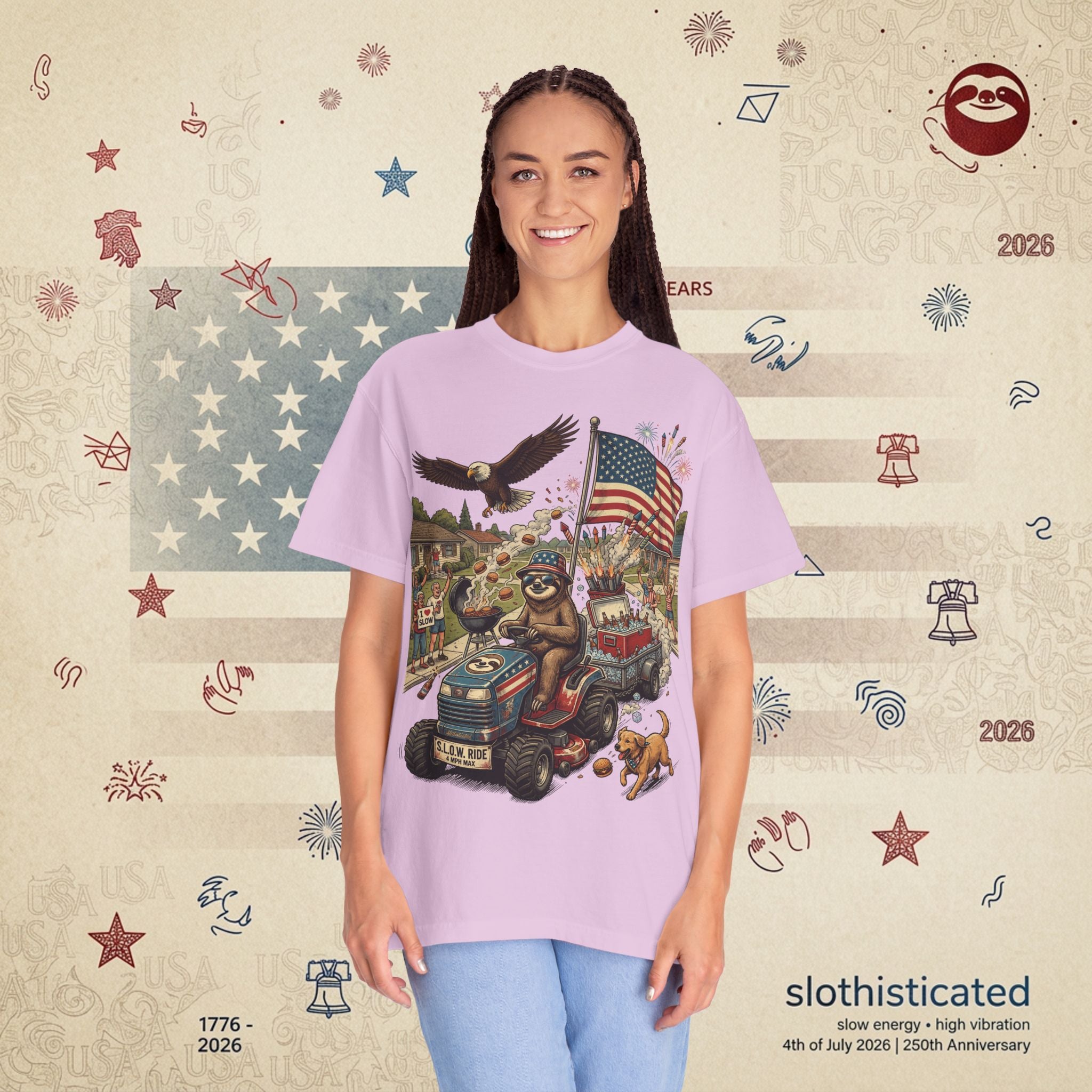The Slow Ride — Sloth Riding Mower Americana T-Shirt