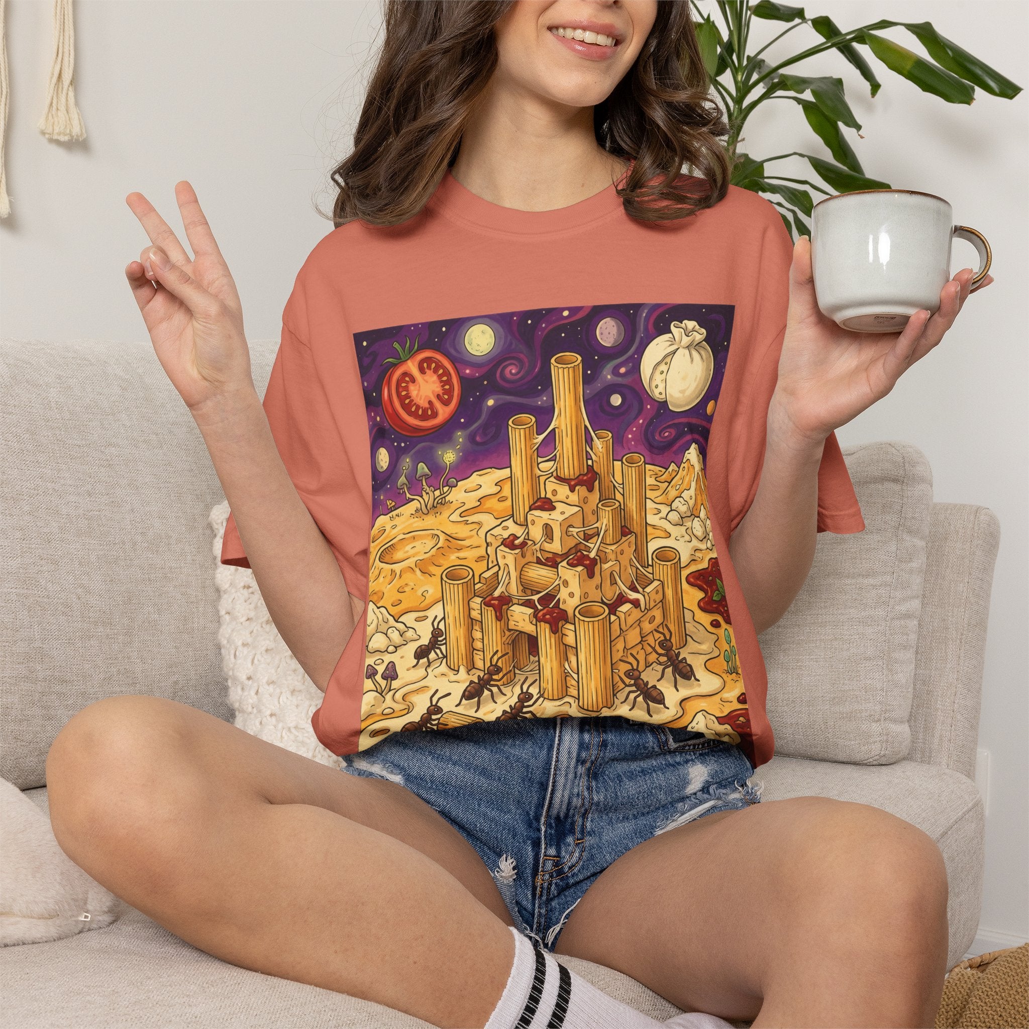 The Pasta Citadel — Funny Pasta Castle Tee · Surreal Foodie Art