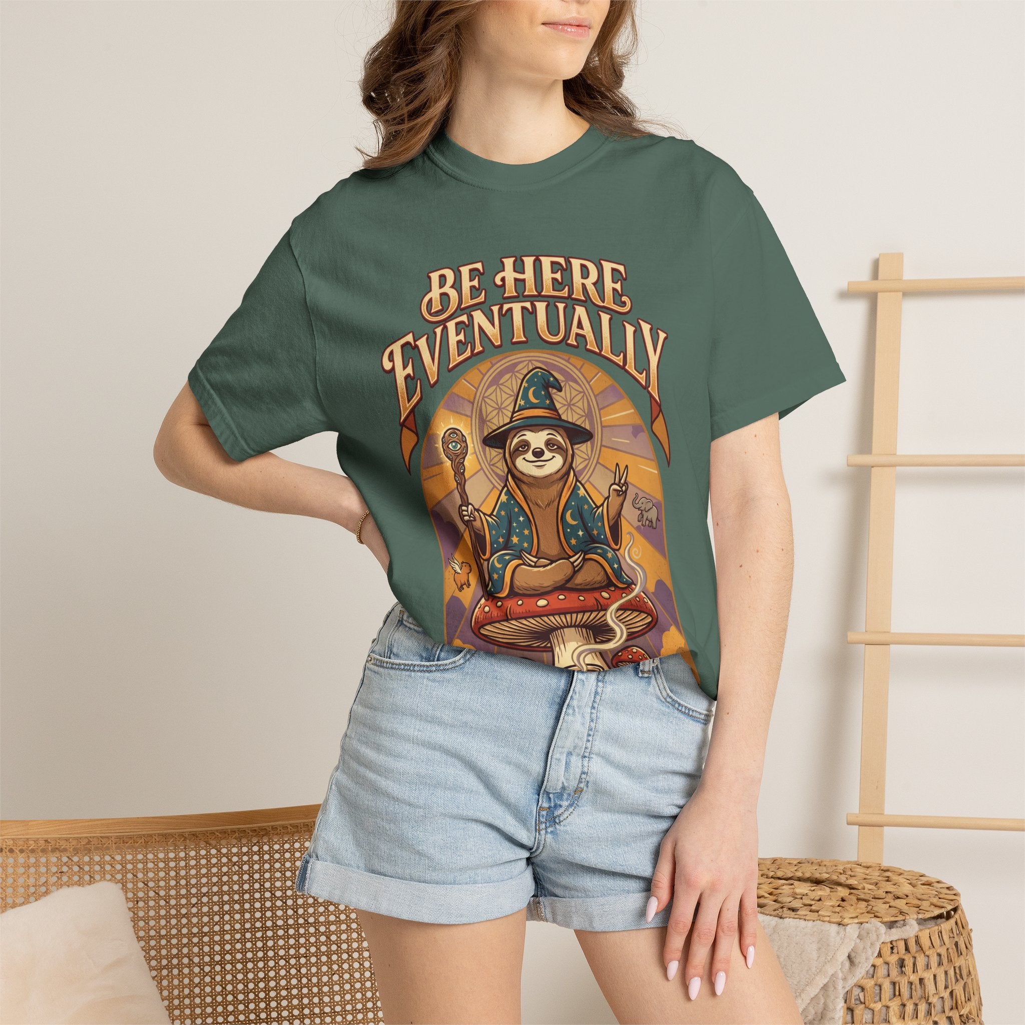 Be Here Eventually Sloth Graphic T-Shirt — Retro Meditation Tee