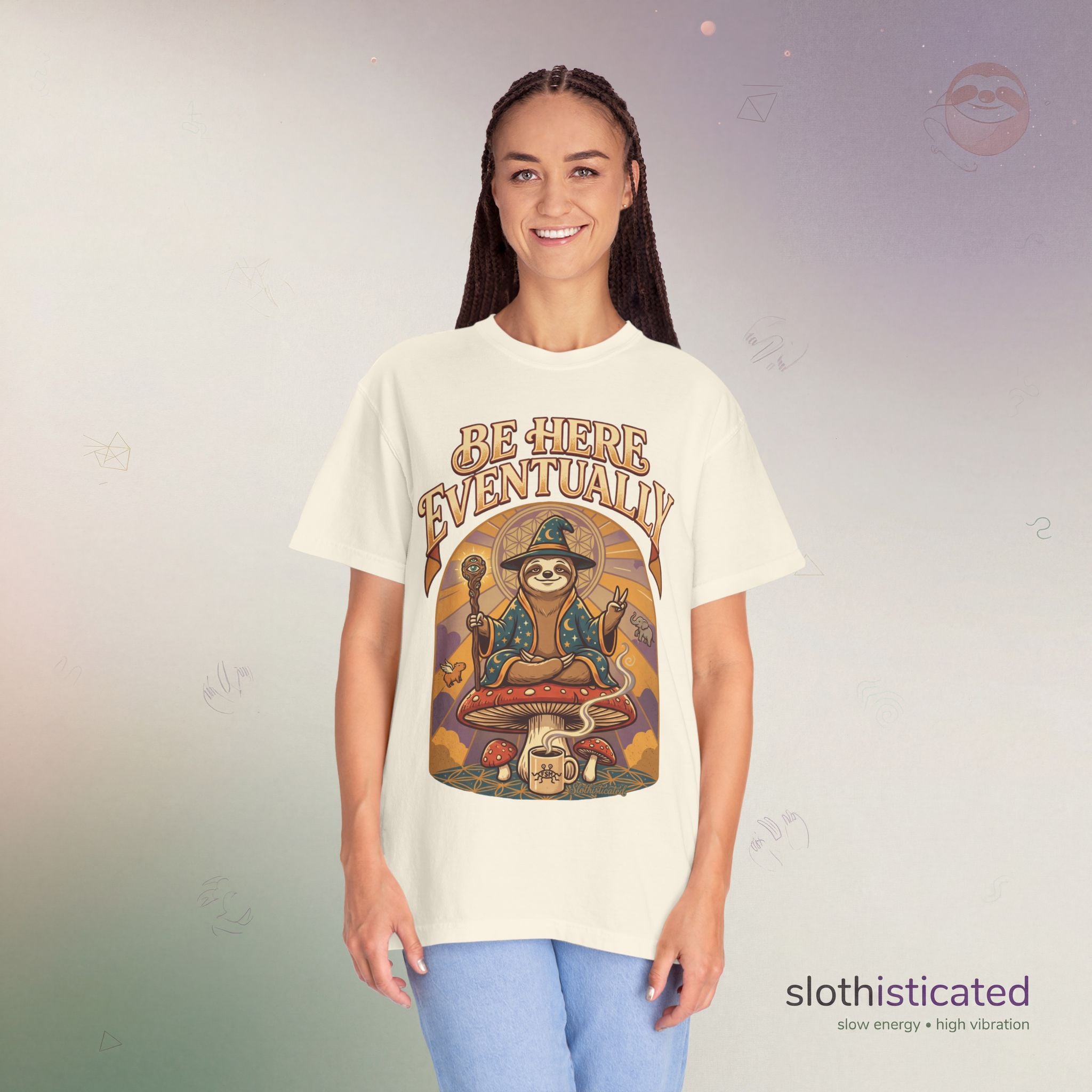Be Here Eventually Sloth Graphic T-Shirt — Retro Meditation Tee