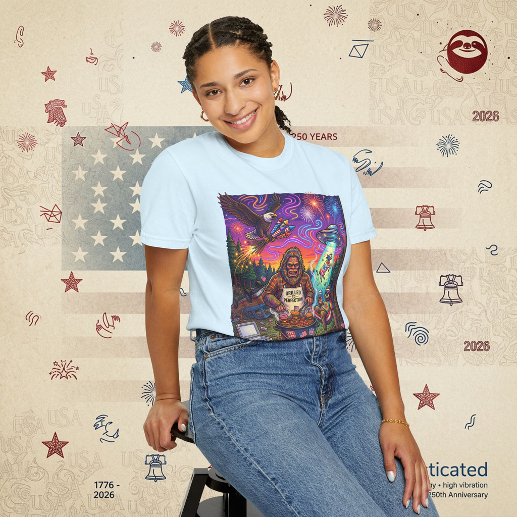 The Visitation — Psychedelic Sasquatch 4th of July BBQ UFO T-Shirt