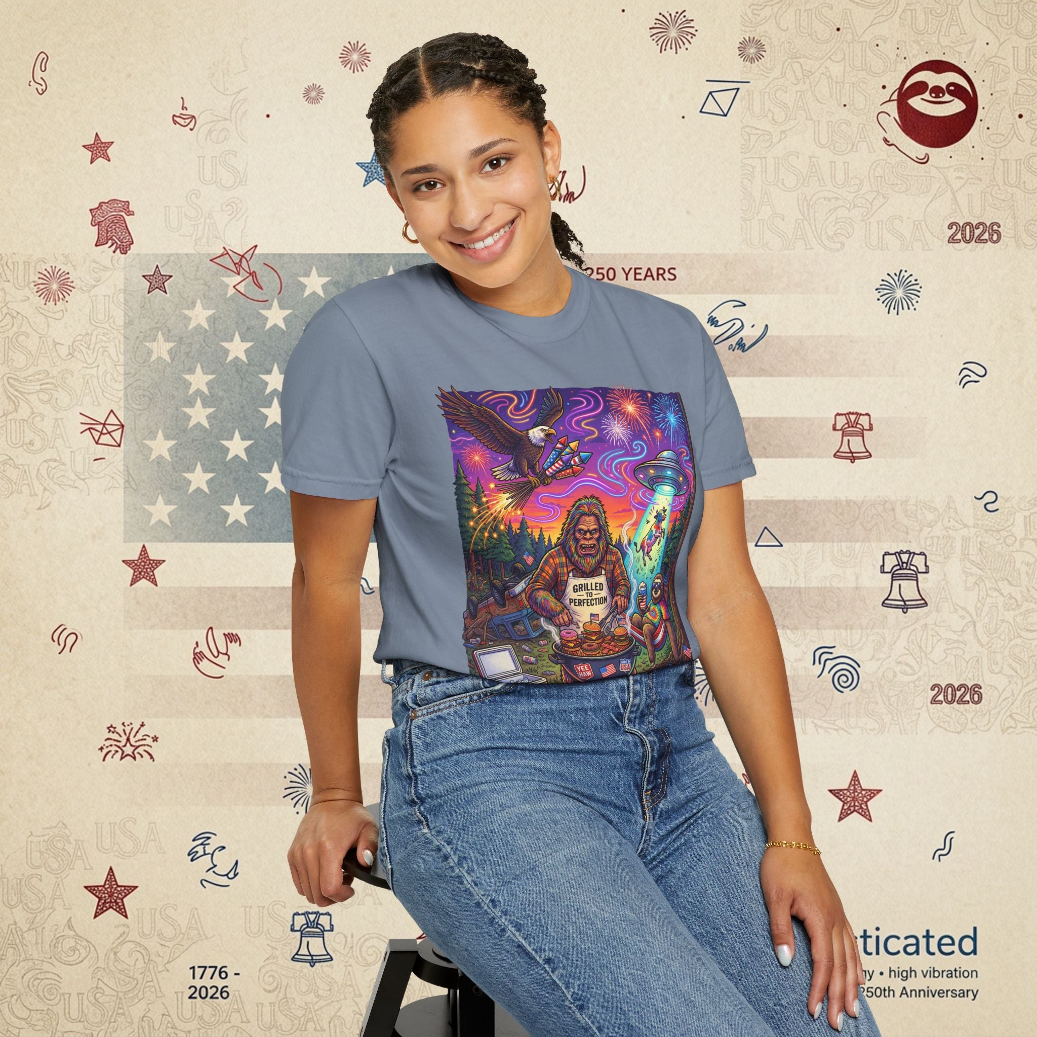 The Visitation — Psychedelic Sasquatch 4th of July BBQ UFO T-Shirt