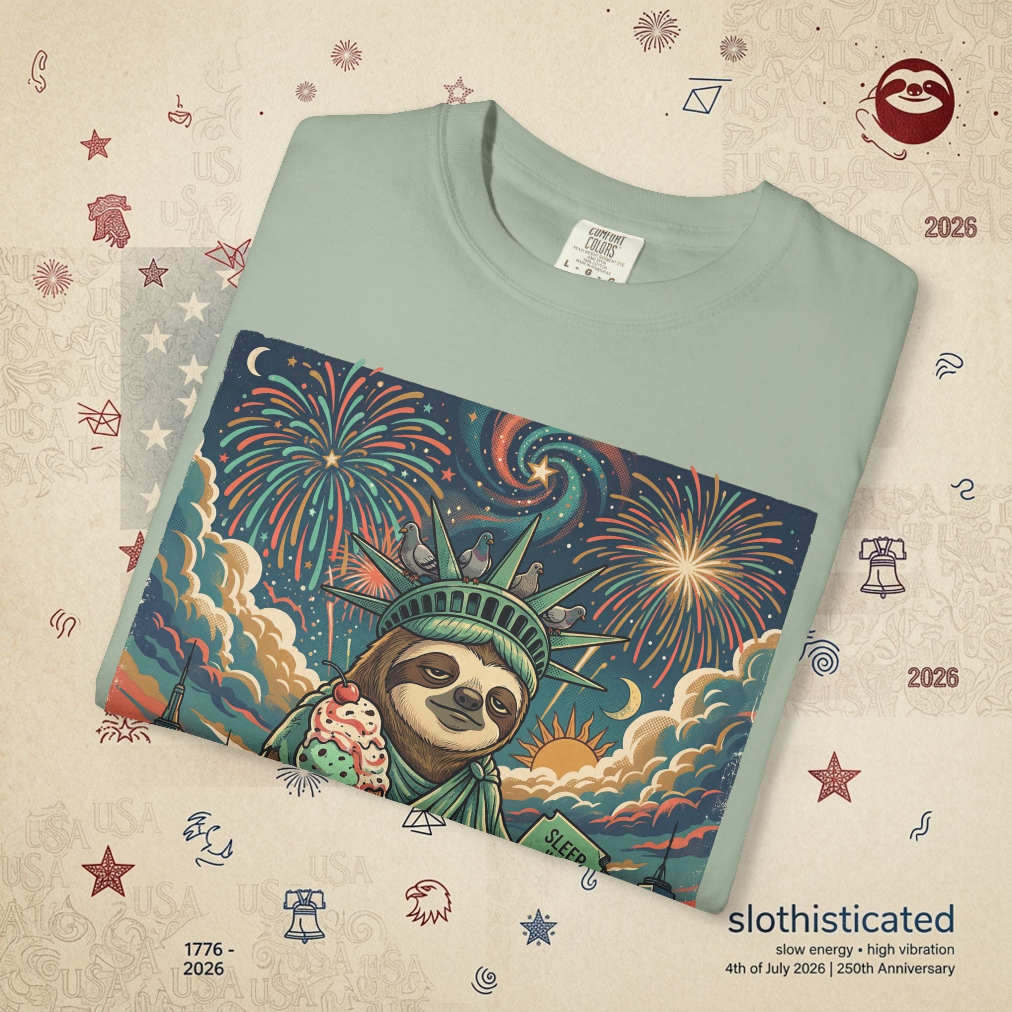 The Colossus — Liberty Sloth Statue Fireworks T-Shirt