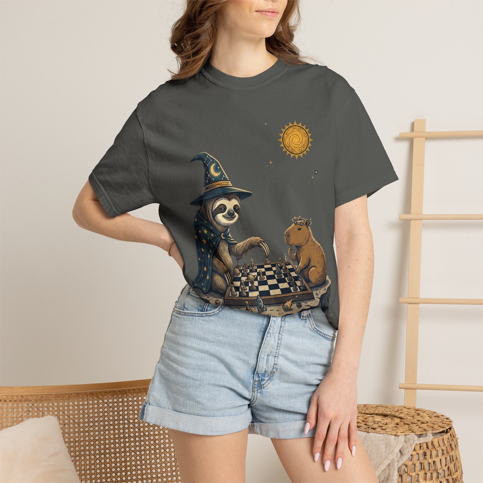 Wizard Sloth vs. Capybara Chess T-Shirt — Cute Fantasy Animal Game Tee