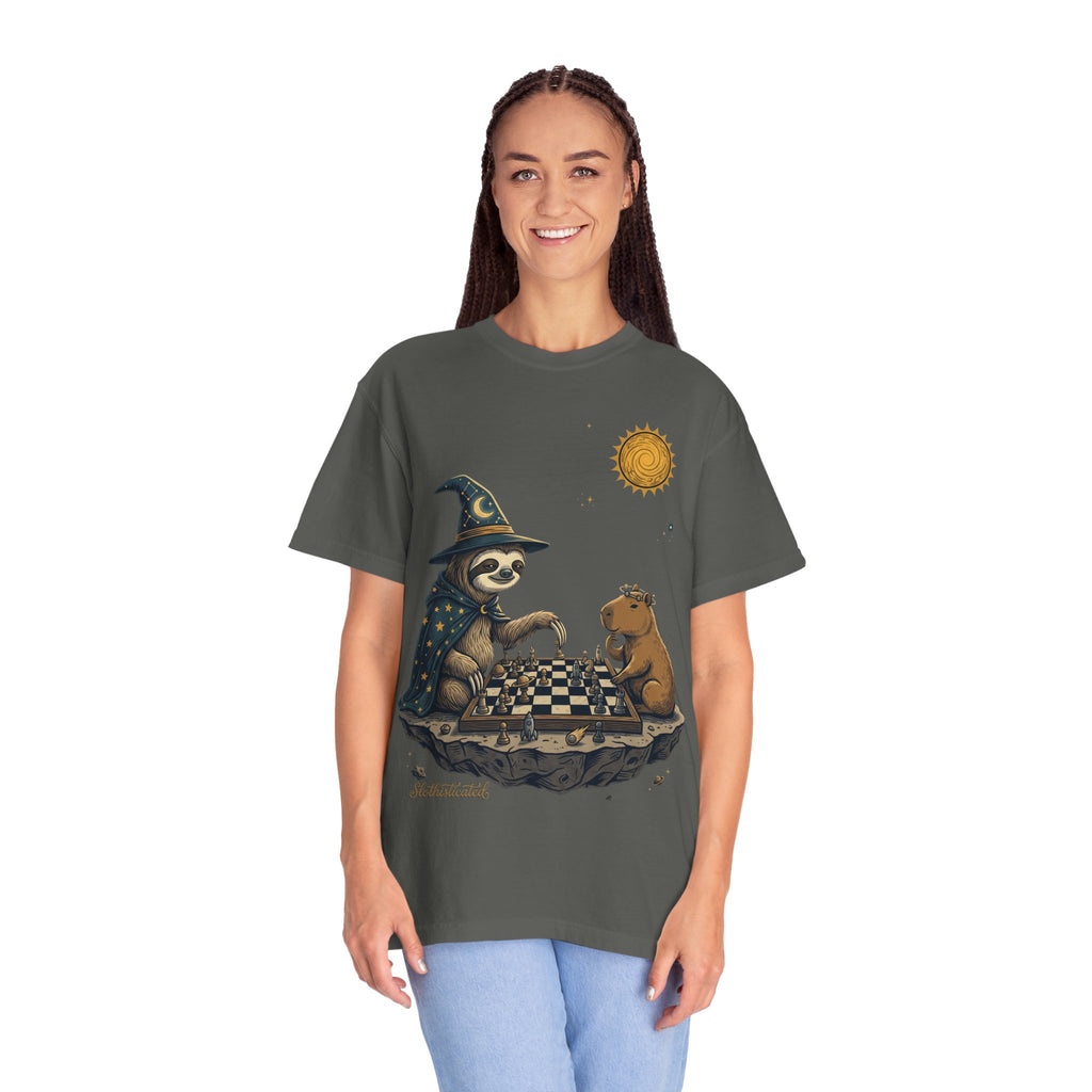 Wizard Sloth vs. Capybara Chess T-Shirt — Cute Fantasy Animal Game Tee
