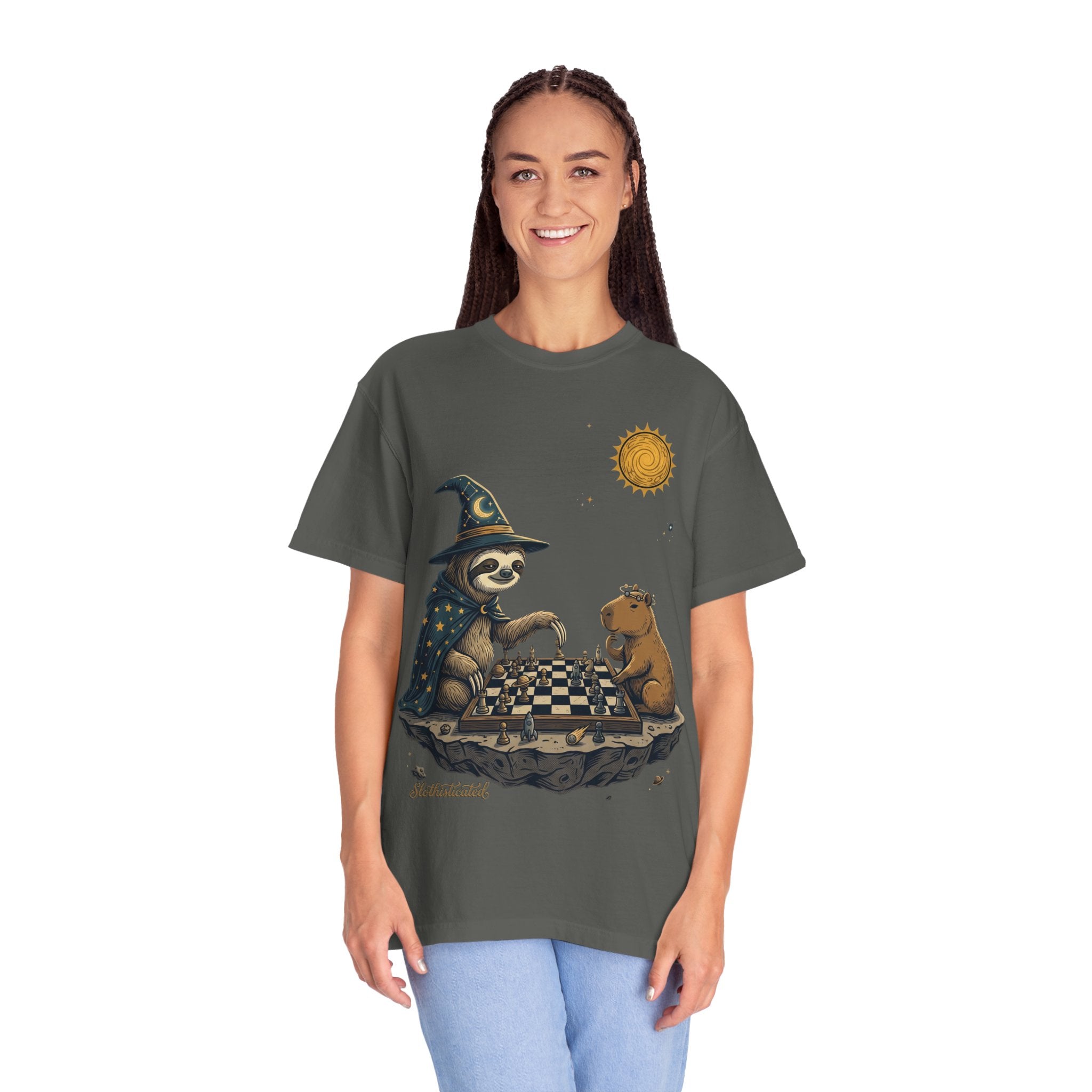 Wizard Sloth vs. Capybara Chess T-Shirt — Cute Fantasy Animal Game Tee