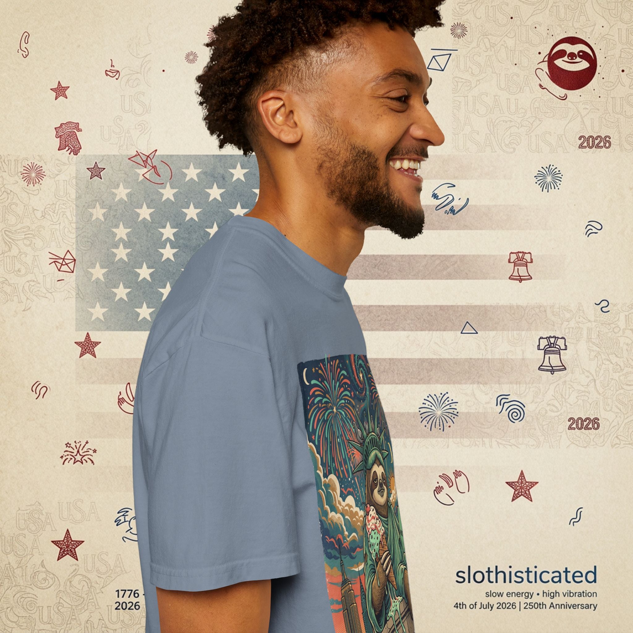 The Colossus — Liberty Sloth Statue Fireworks T-Shirt